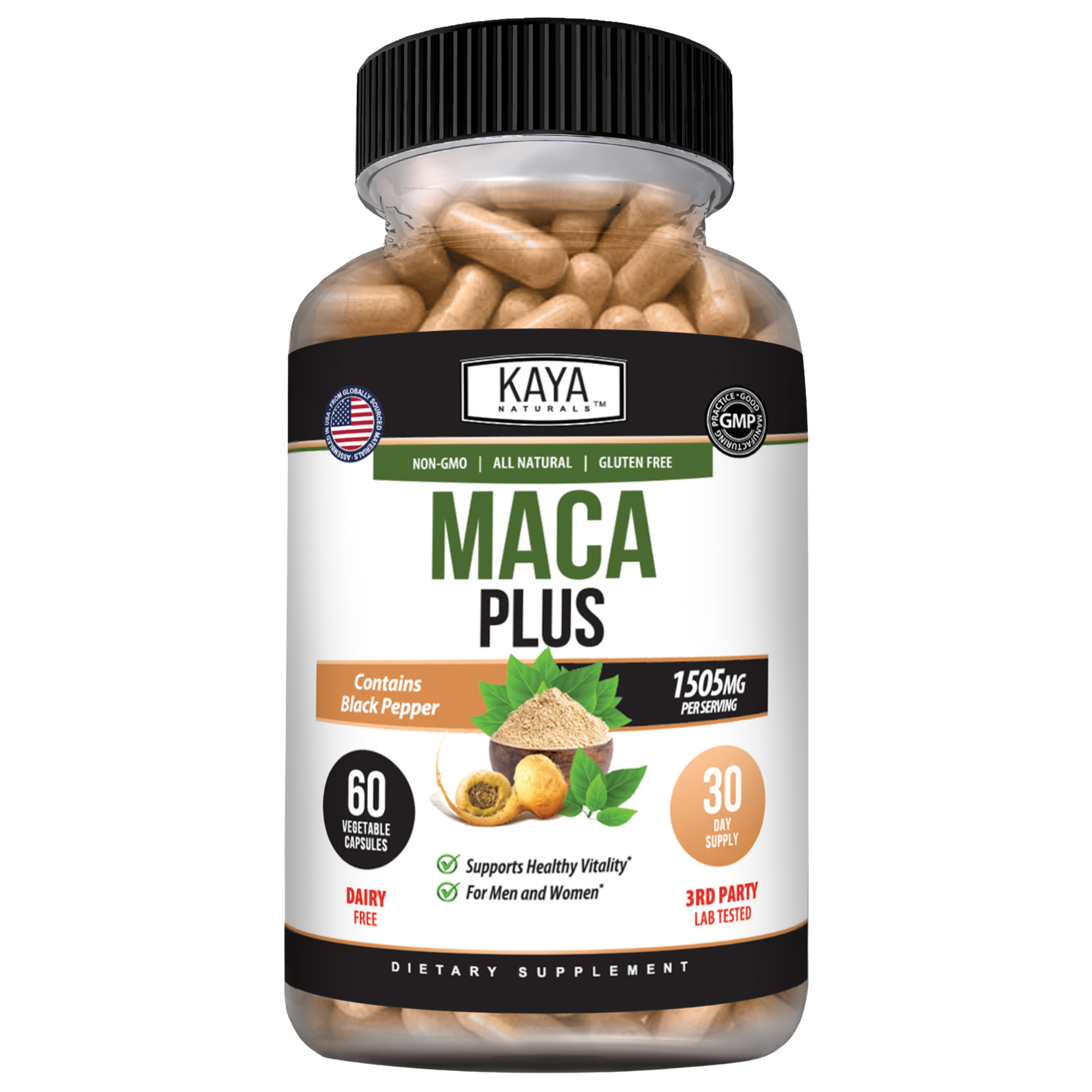 Kaya Naturals Maca Root supplement in a jar, showing earthy brown maca root powder with a natural, organic appearance.