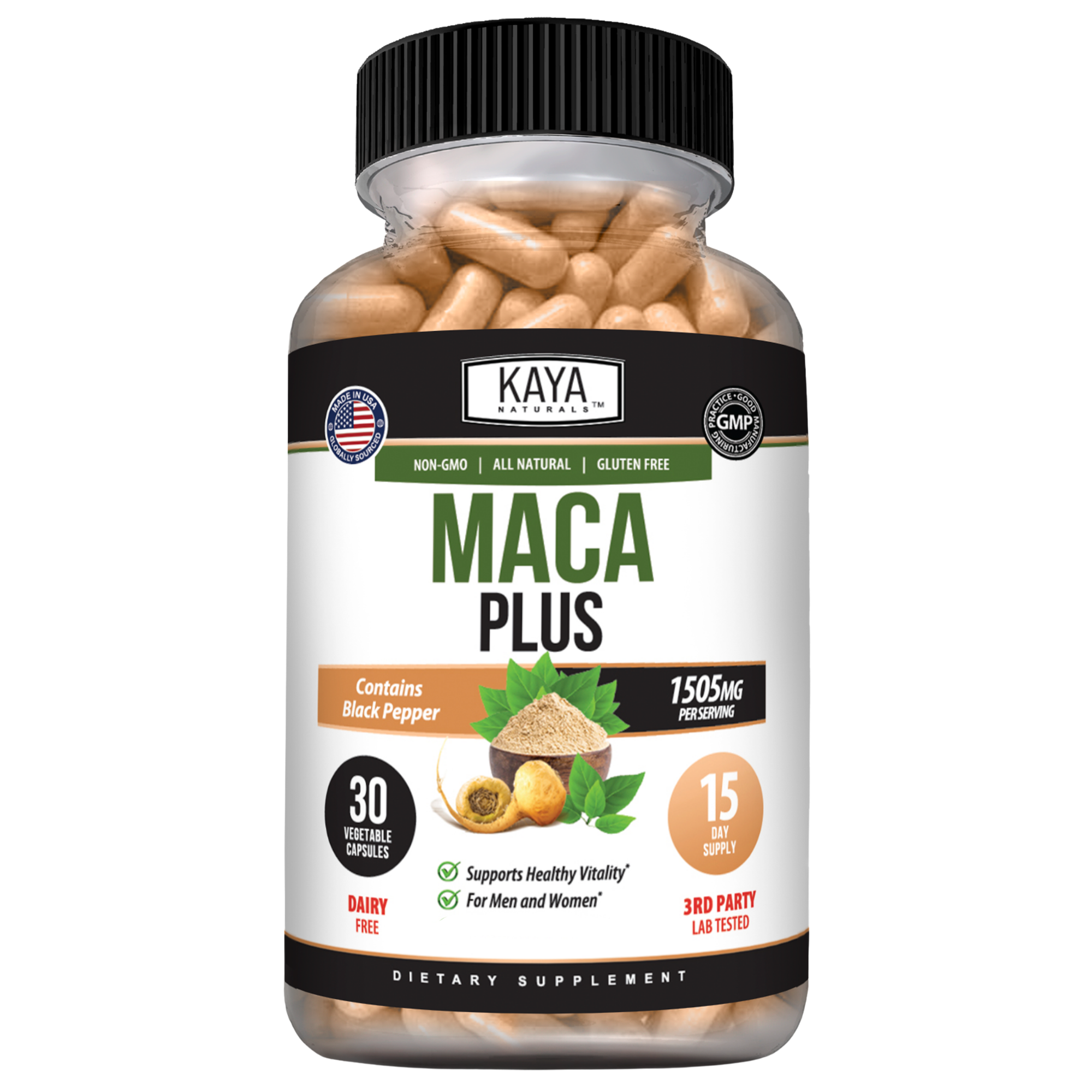 Kaya Naturals Maca Root supplement in a jar, showing the natural powder and capsules for energy and hormonal balance.