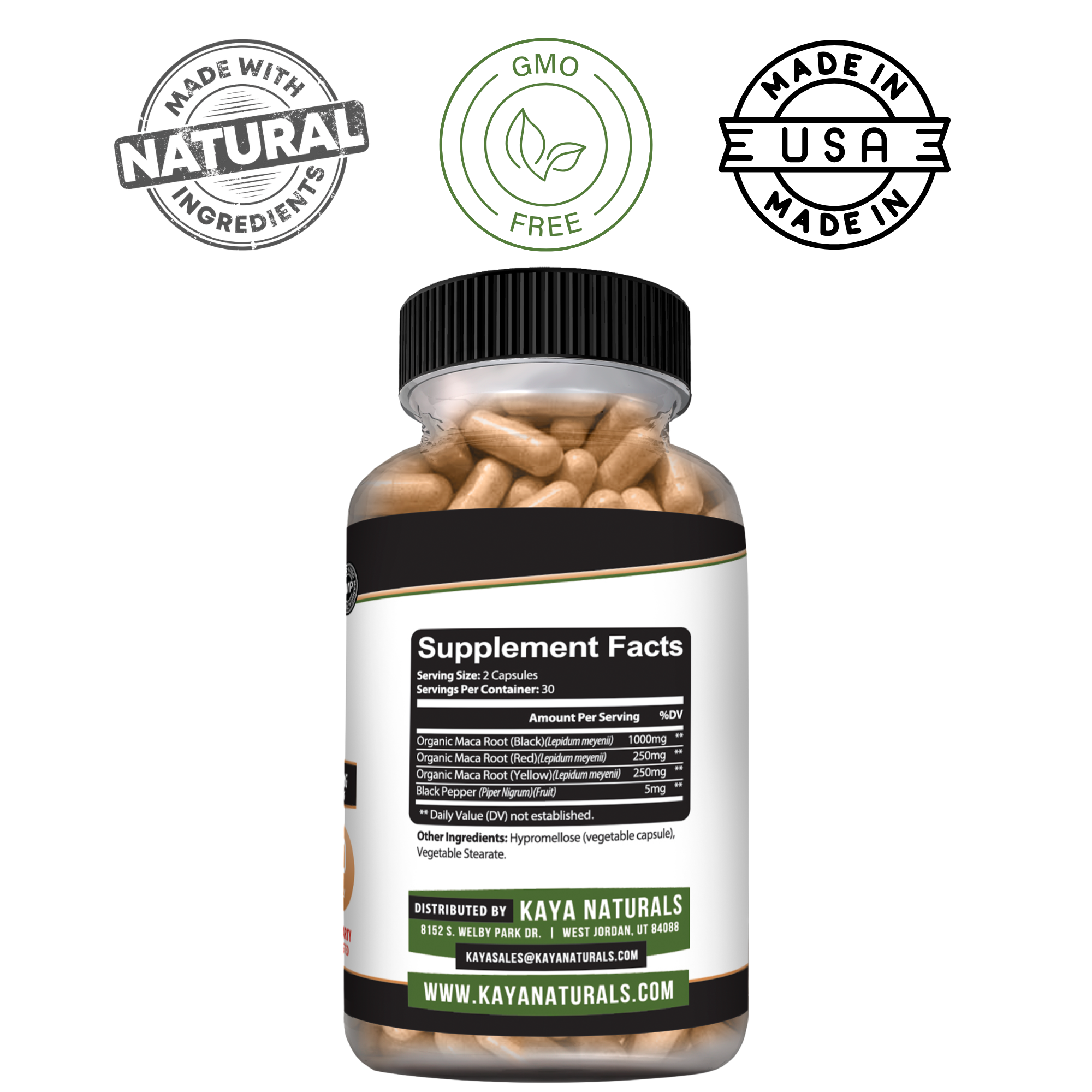 Kaya Naturals Maca Root supplement in a clear container with fresh maca root roots visible inside