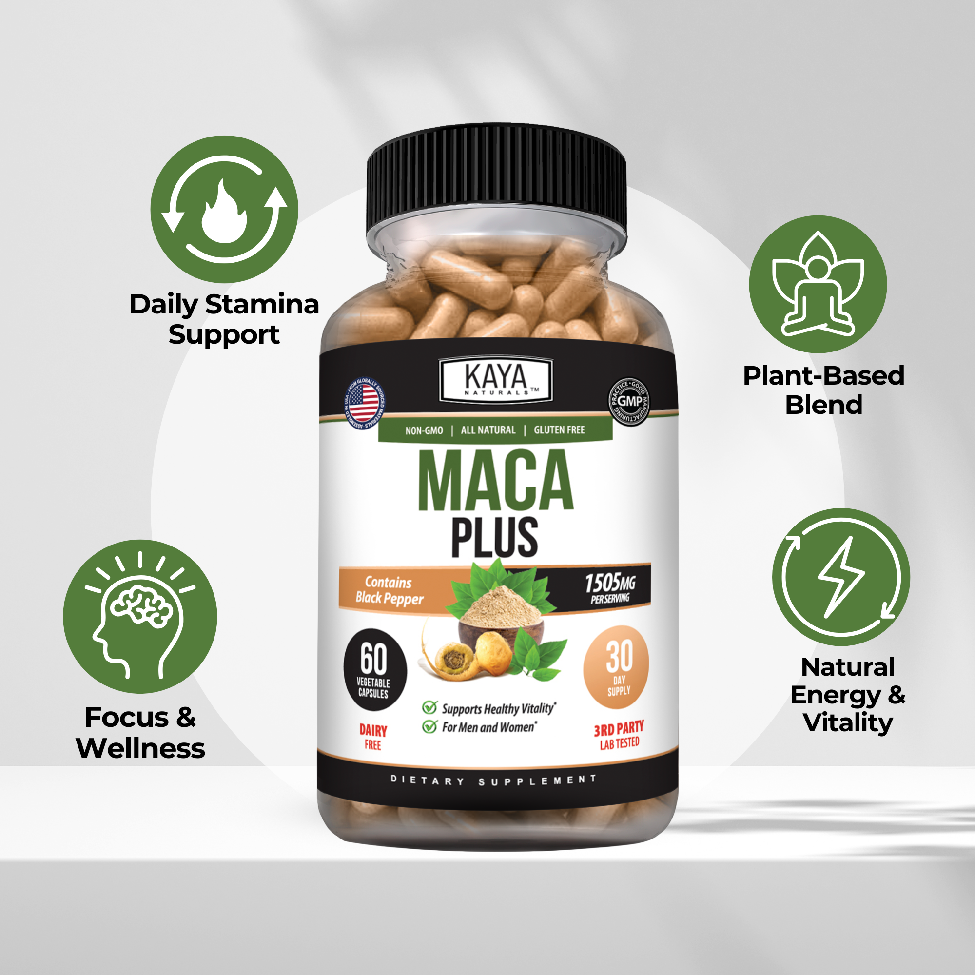 Kaya Naturals Maca Root supplement in a jar, showing dried maca root powder or capsules on a natural background.