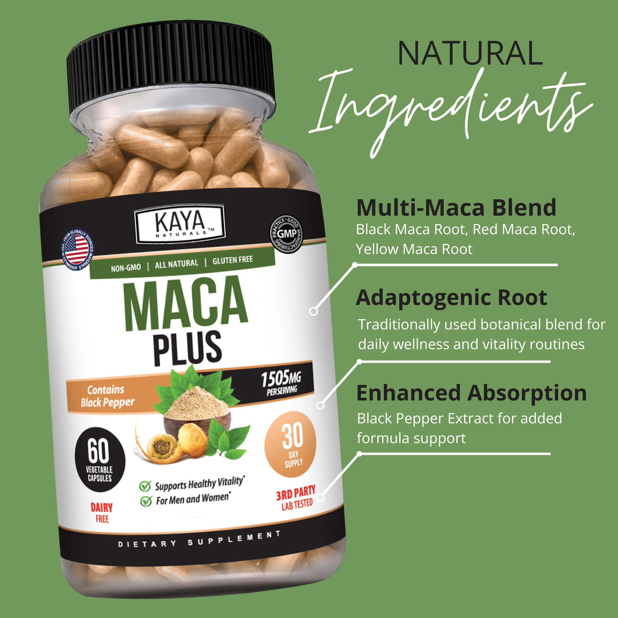 Kaya Naturals Maca Root supplement in a clear jar, showing dried maca root powder and whole roots on a white background.