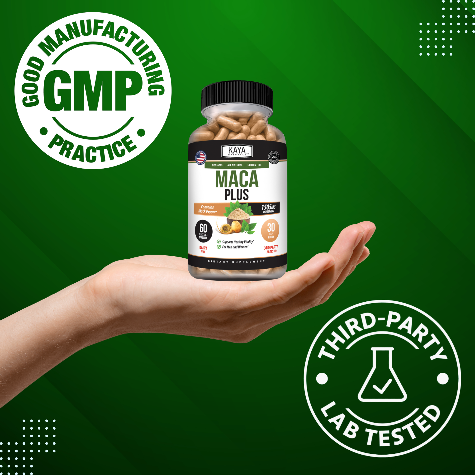Kaya Naturals Maca Root supplement capsules in a clear jar with label, displayed on a wooden surface.