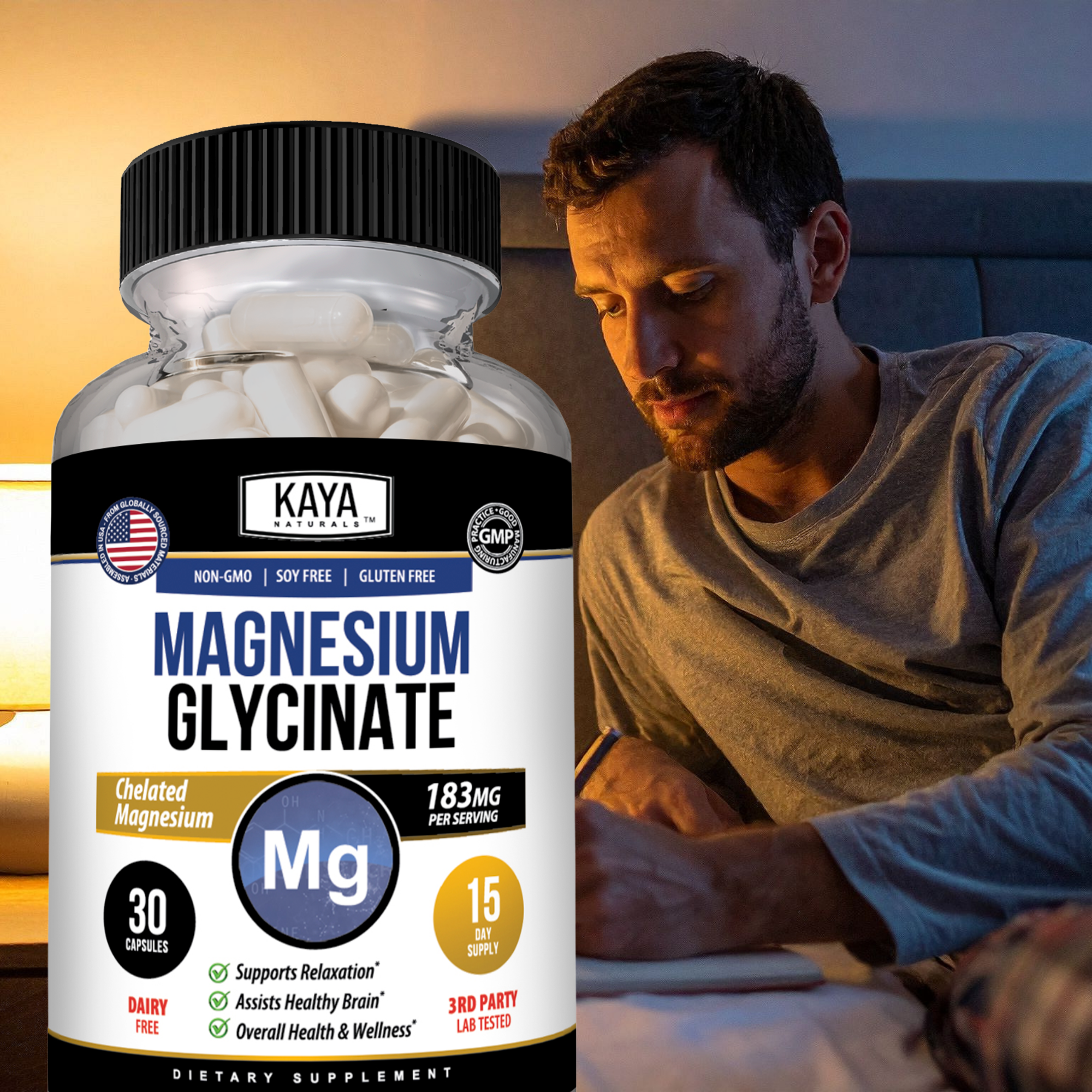 Bottle of Kaya Naturals Magnesium Glycinate supplement with 30 capsules on a white background.