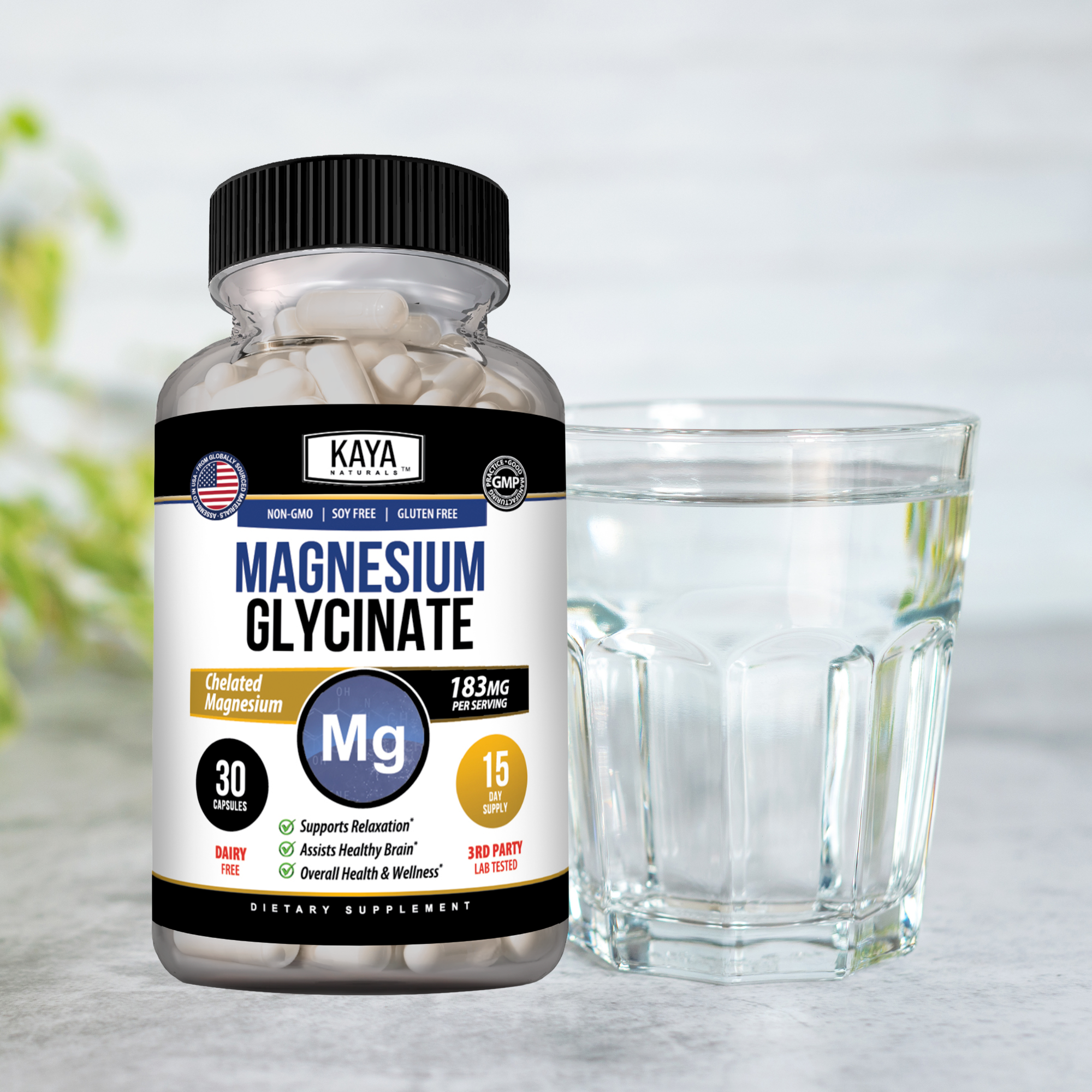 Bottle of Kaya Naturals Magnesium Glycinate supplement with 30 capsules on a white background.