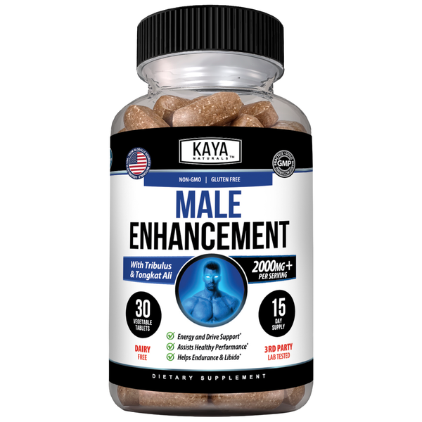Kaya Naturals male enhancement supplement bottle with label, showing the product packaging and branding.