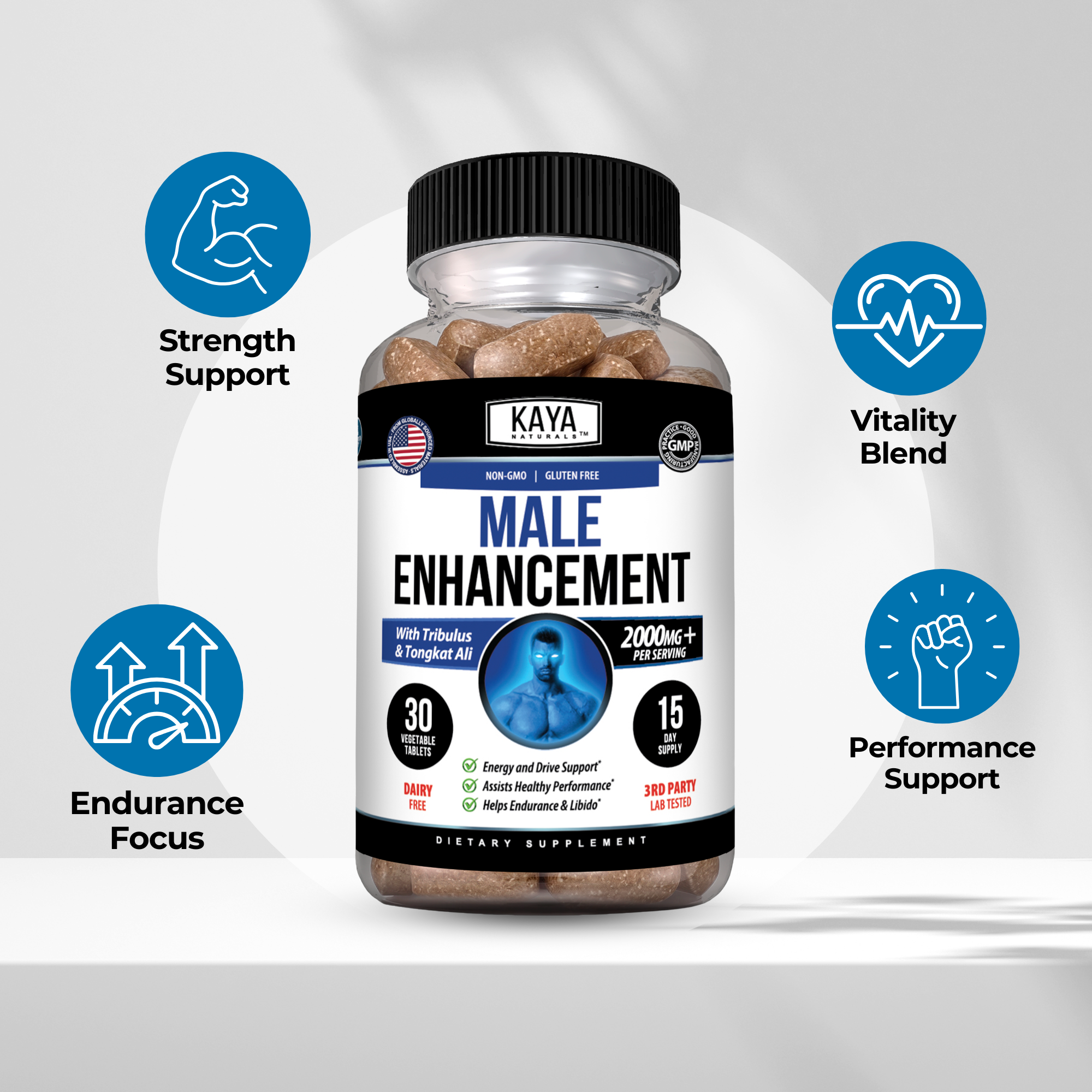 Kaya Naturals male enhancement supplement bottle with label, featuring natural ingredients and product branding.