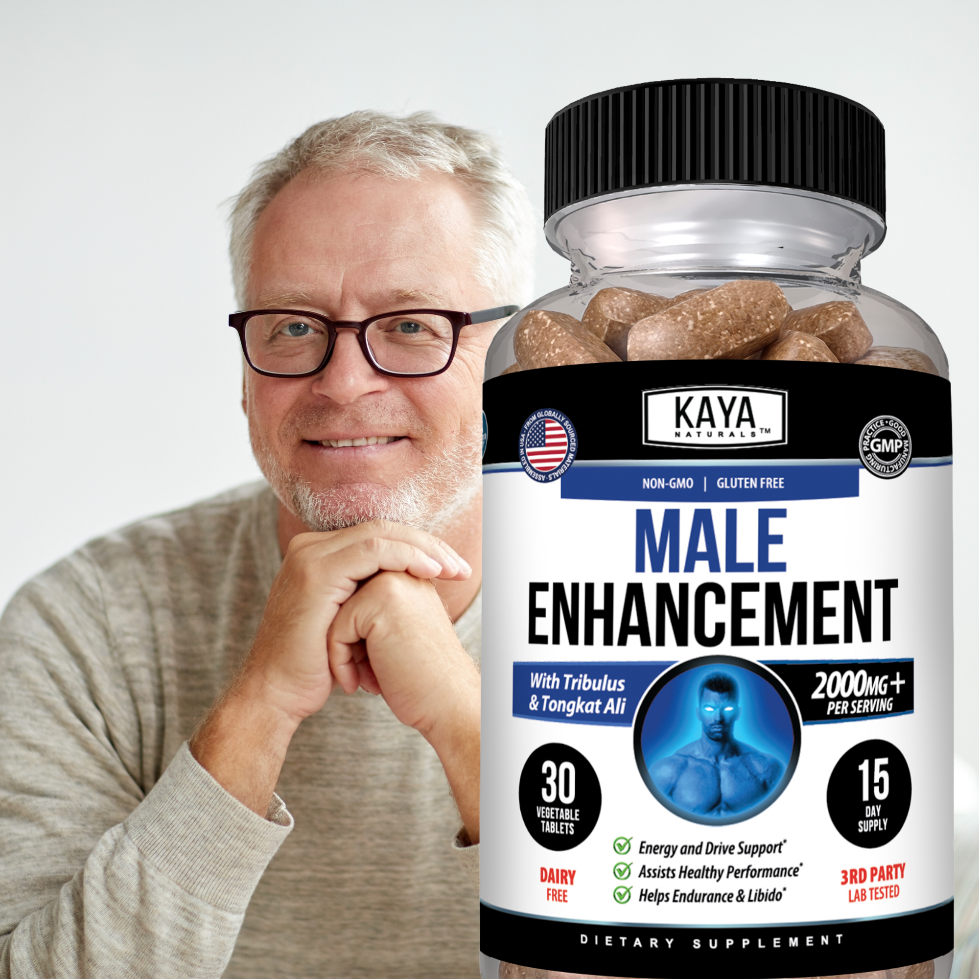 Kaya Naturals male enhancement supplement bottle with label, featuring natural ingredients and health benefits.