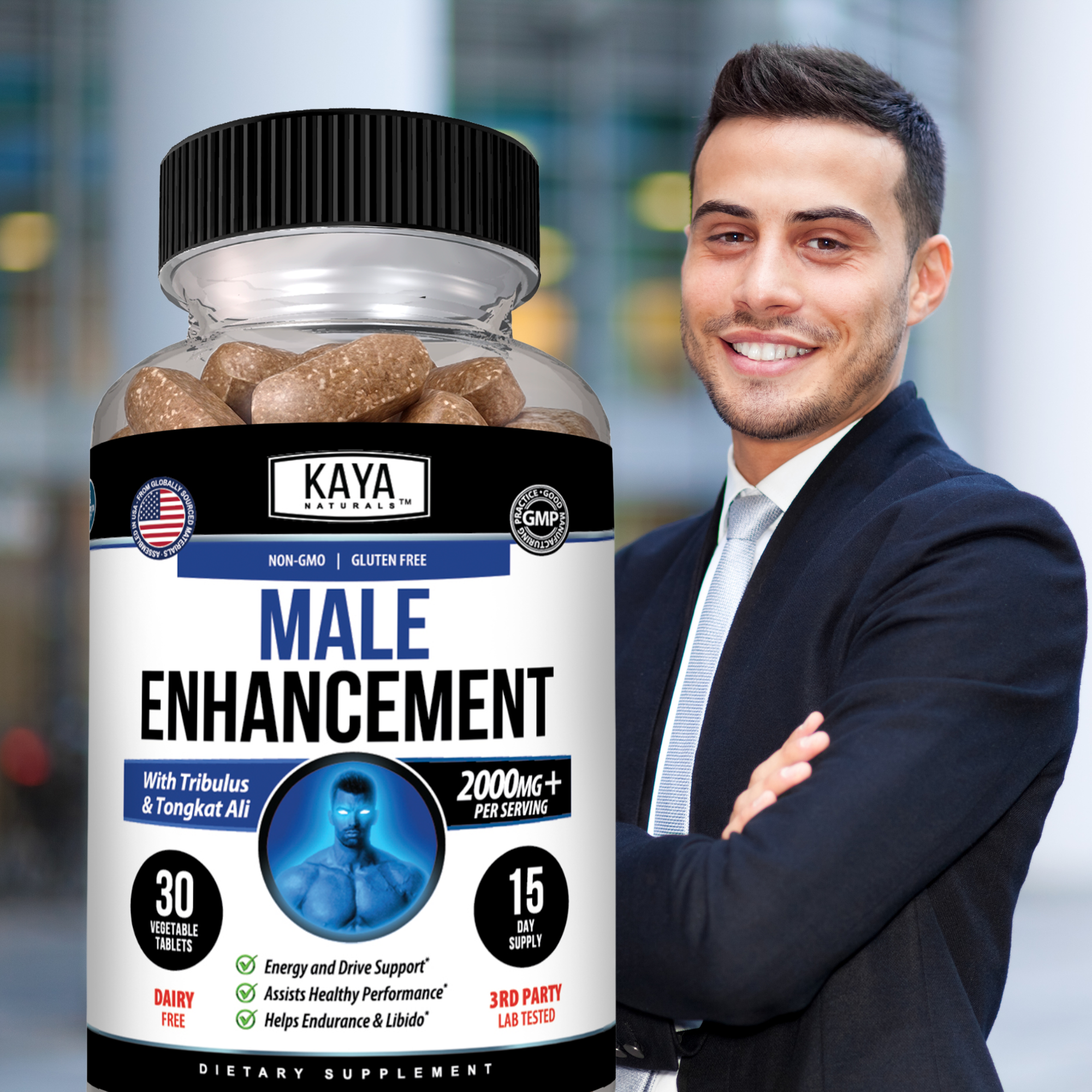 Kaya Naturals male enhancement supplement bottle, natural herbal formula for men's health, with label and product packaging visible.