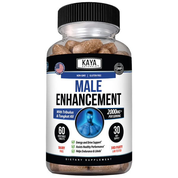 Kaya Naturals Male Enhancement supplement bottle with label, featuring natural ingredients and health benefits.