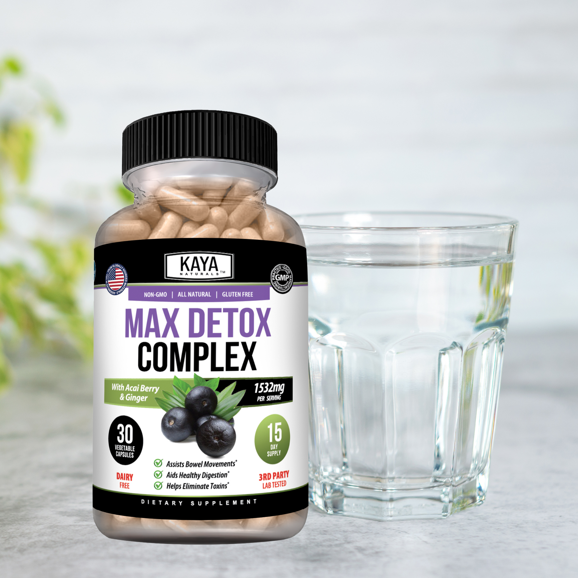 Max Detox Complete supplement by Kaya Naturals in a bottle with capsules, promoting detoxification and wellness.