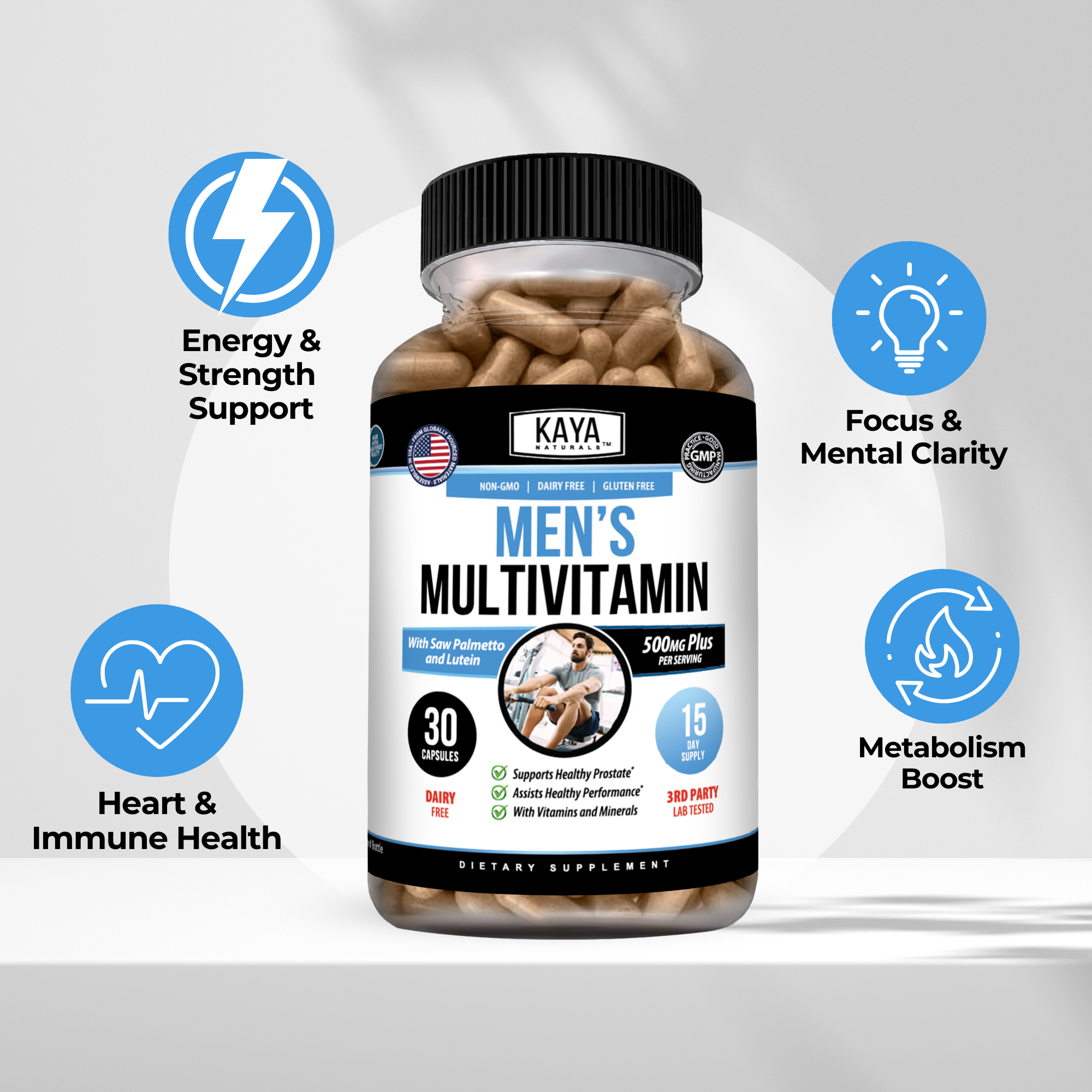 Bottle of Kaya Naturals Men’s Daily Multivitamin capsules, showing the supplement container with label details.