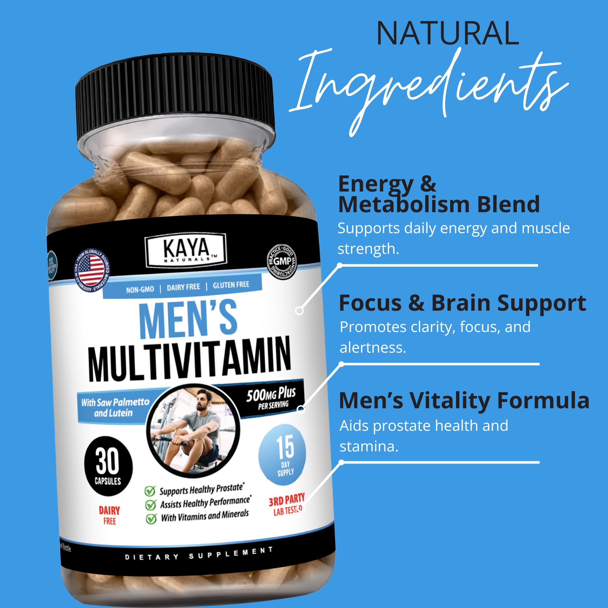 Bottle of Kaya Naturals Men's Daily Multivitamin supplement with 30 capsules, designed for daily nutritional support.