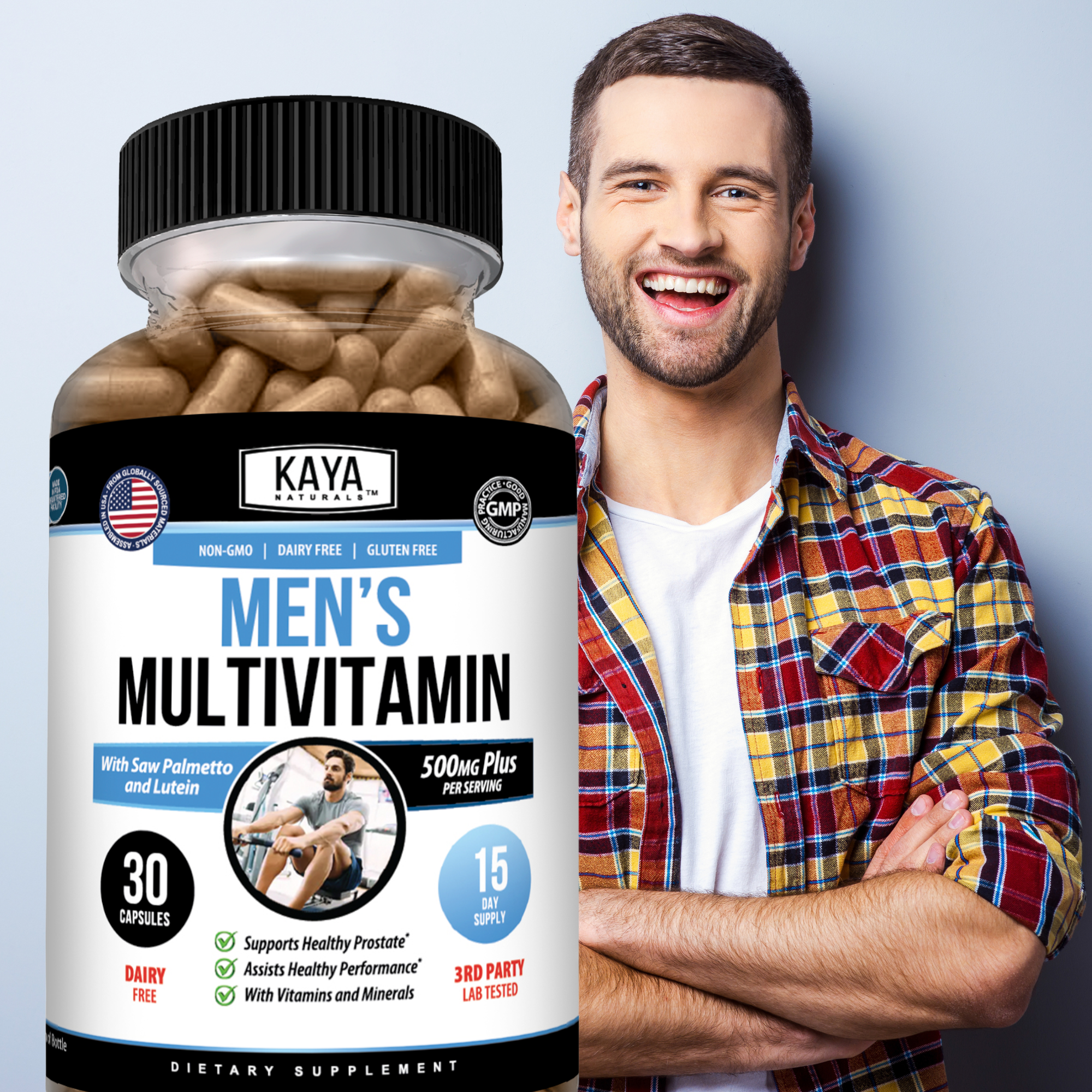 Bottle of Kaya Naturals Men’s Daily Multivitamin supplement with 30 tablets in a clear container.