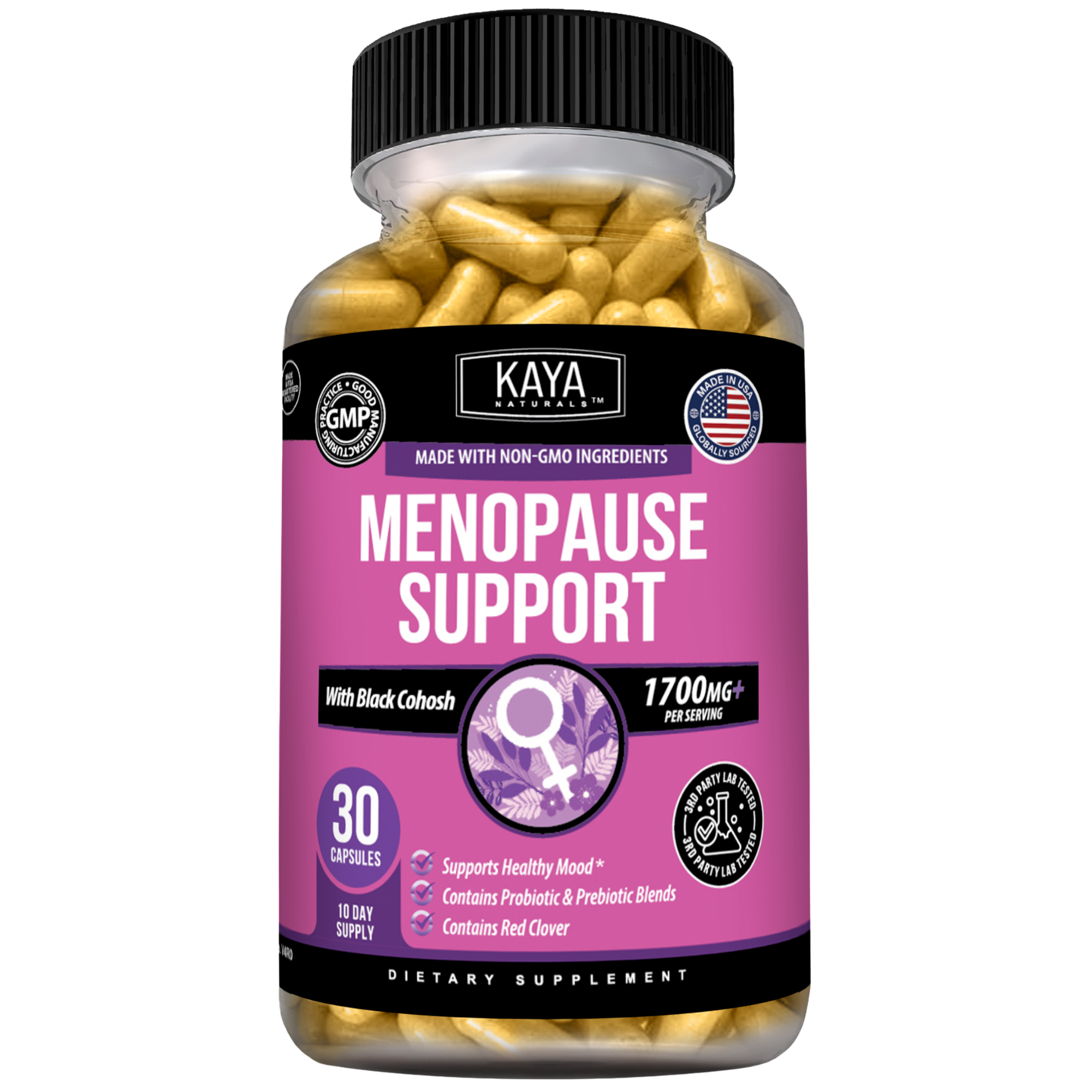Kaya Naturals Menopause Support supplement bottle with capsules, designed to promote hormonal balance for women.