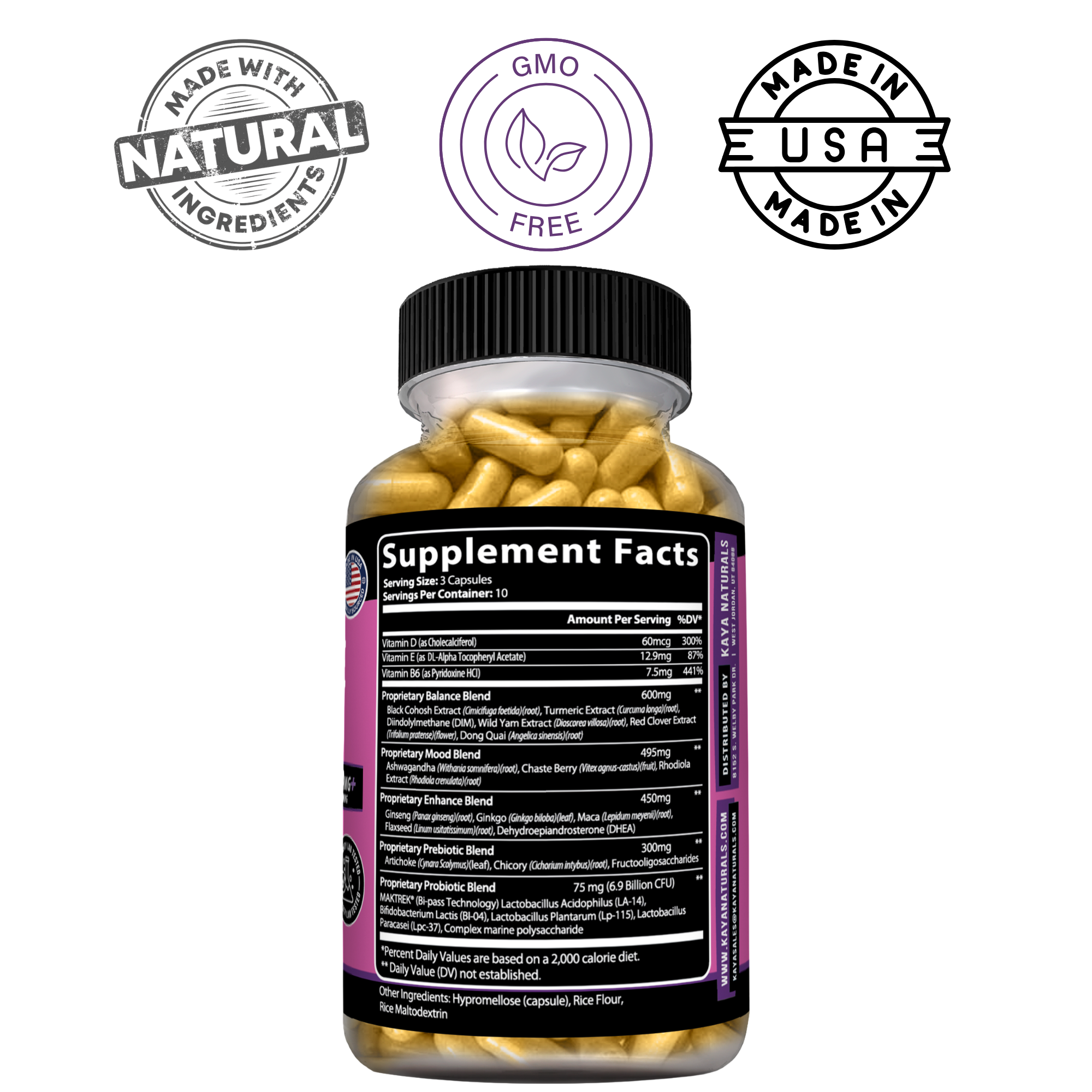 Kaya Naturals Menopause Support supplement bottle with capsules, designed to support hormonal balance during menopause.