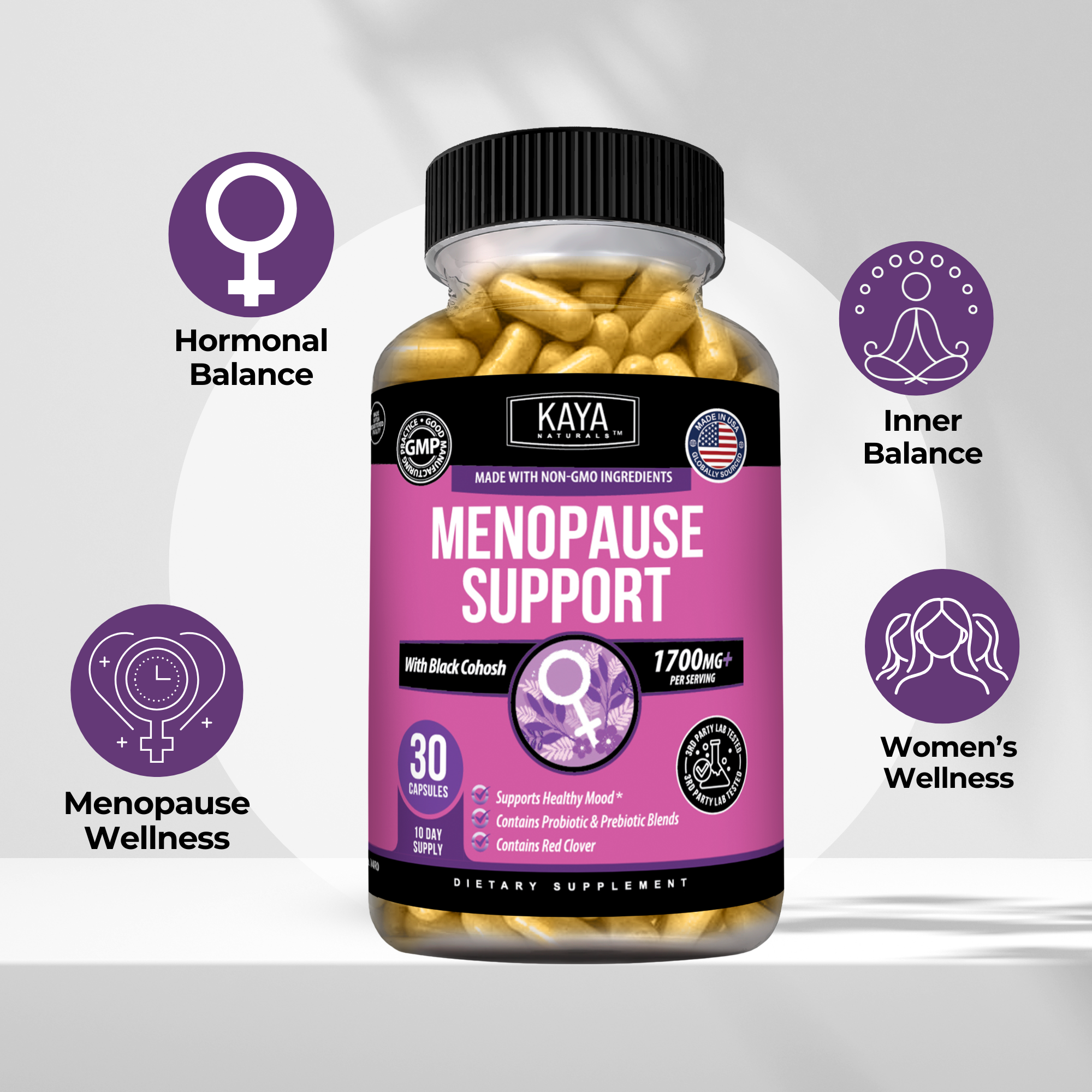 Bottle of Kaya Naturals Menopause Support supplement with capsules, designed to promote hormonal balance for women during menopause.
