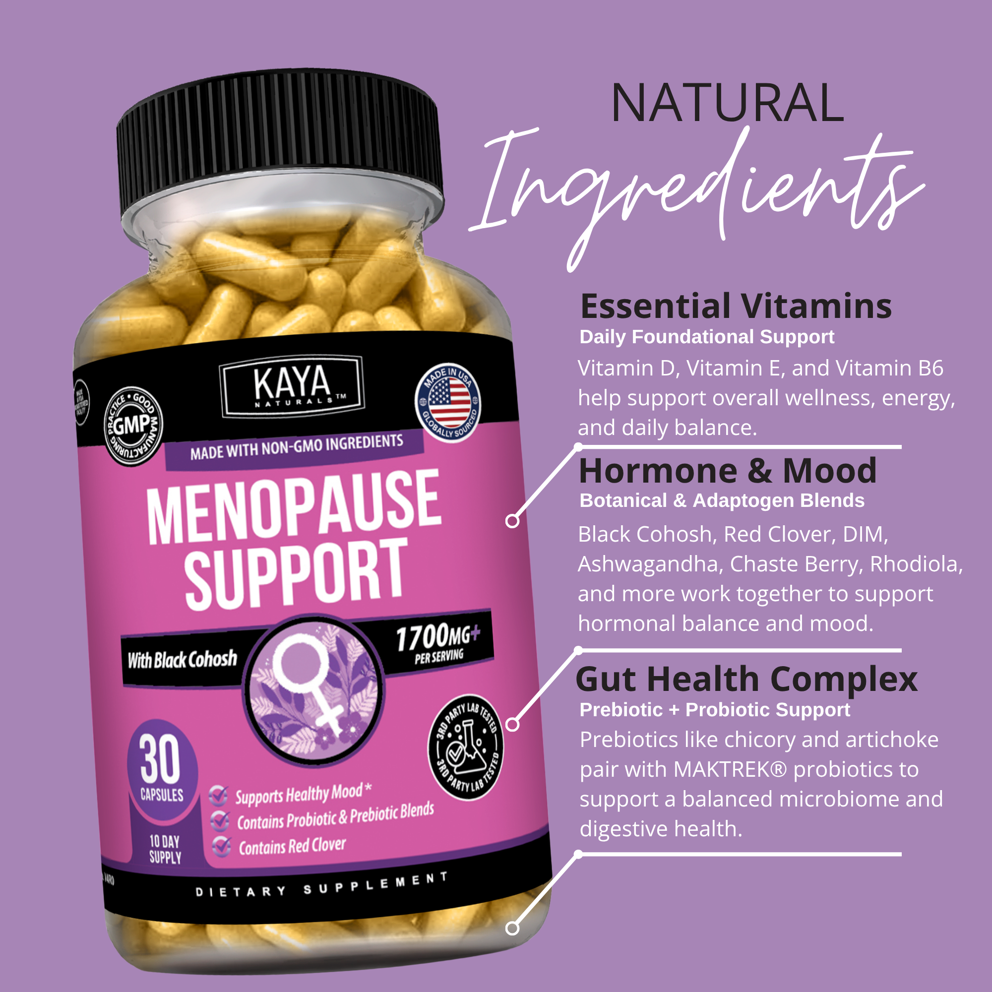 Kaya Naturals Menopause Support supplement capsule bottle with label, natural ingredients for menopause relief.