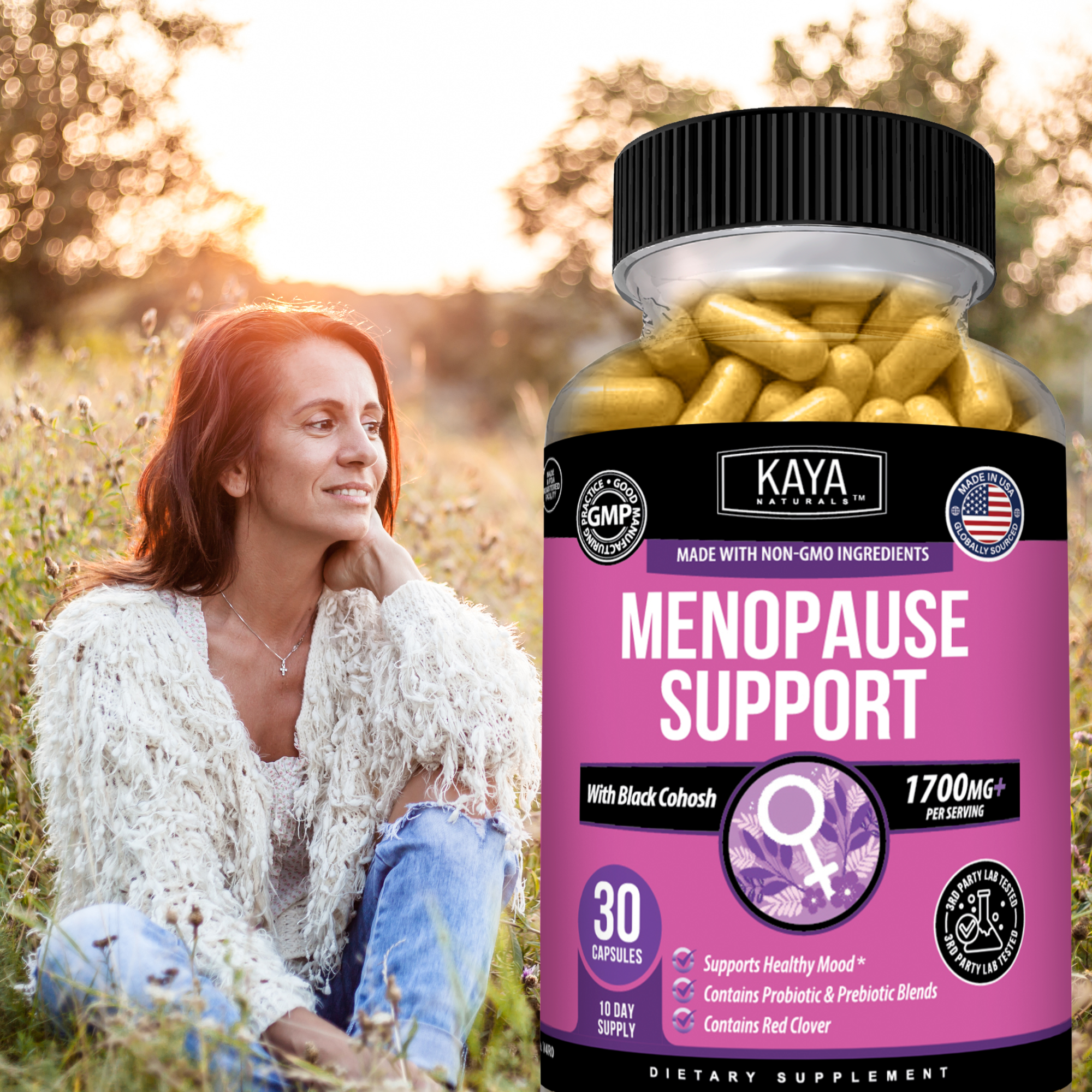 Kaya Naturals Menopause Support supplement bottle with capsules and label, promoting hormonal balance and menopausal health.