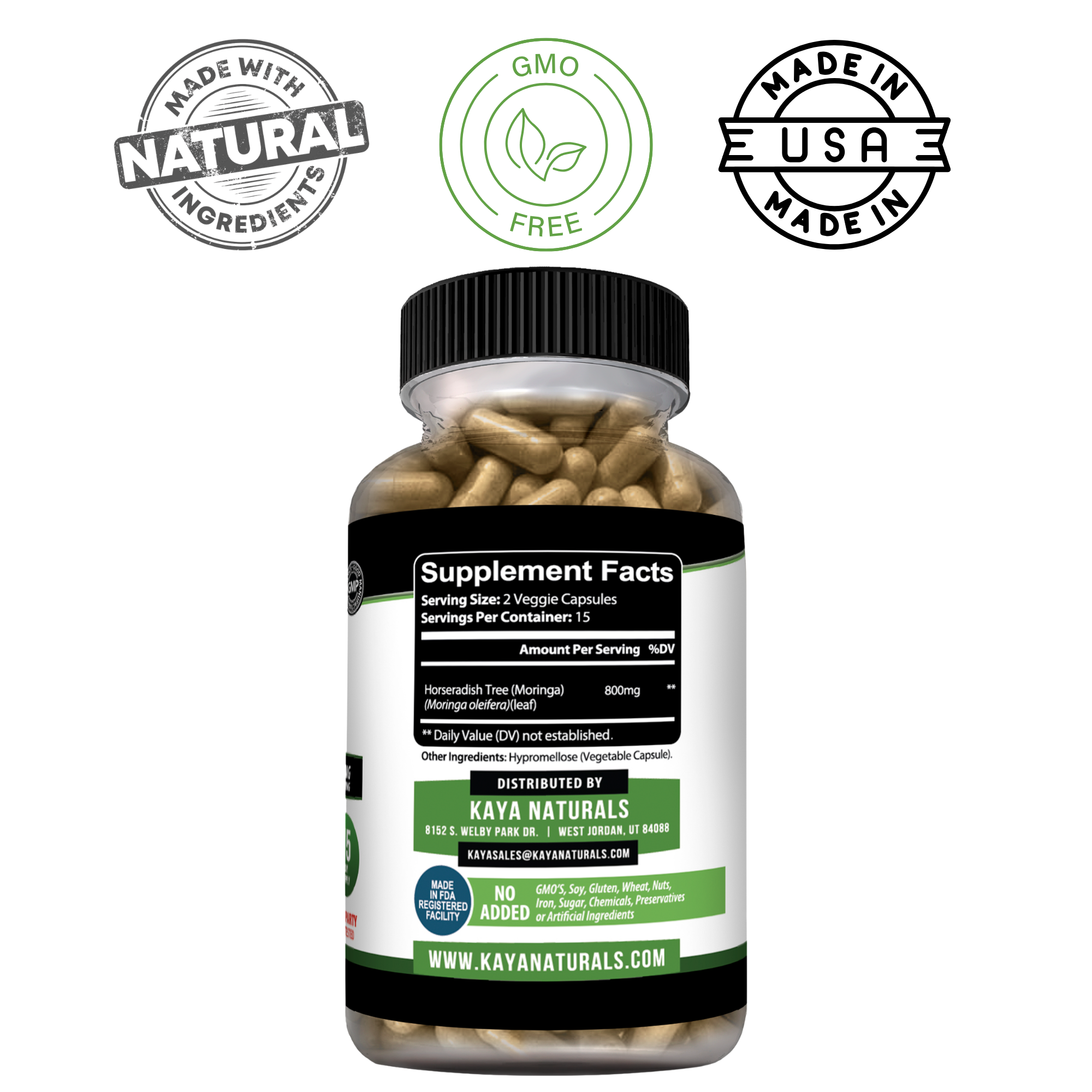 Organic Moringa supplement by Kaya Naturals in a green powder form, shown in a clear jar.