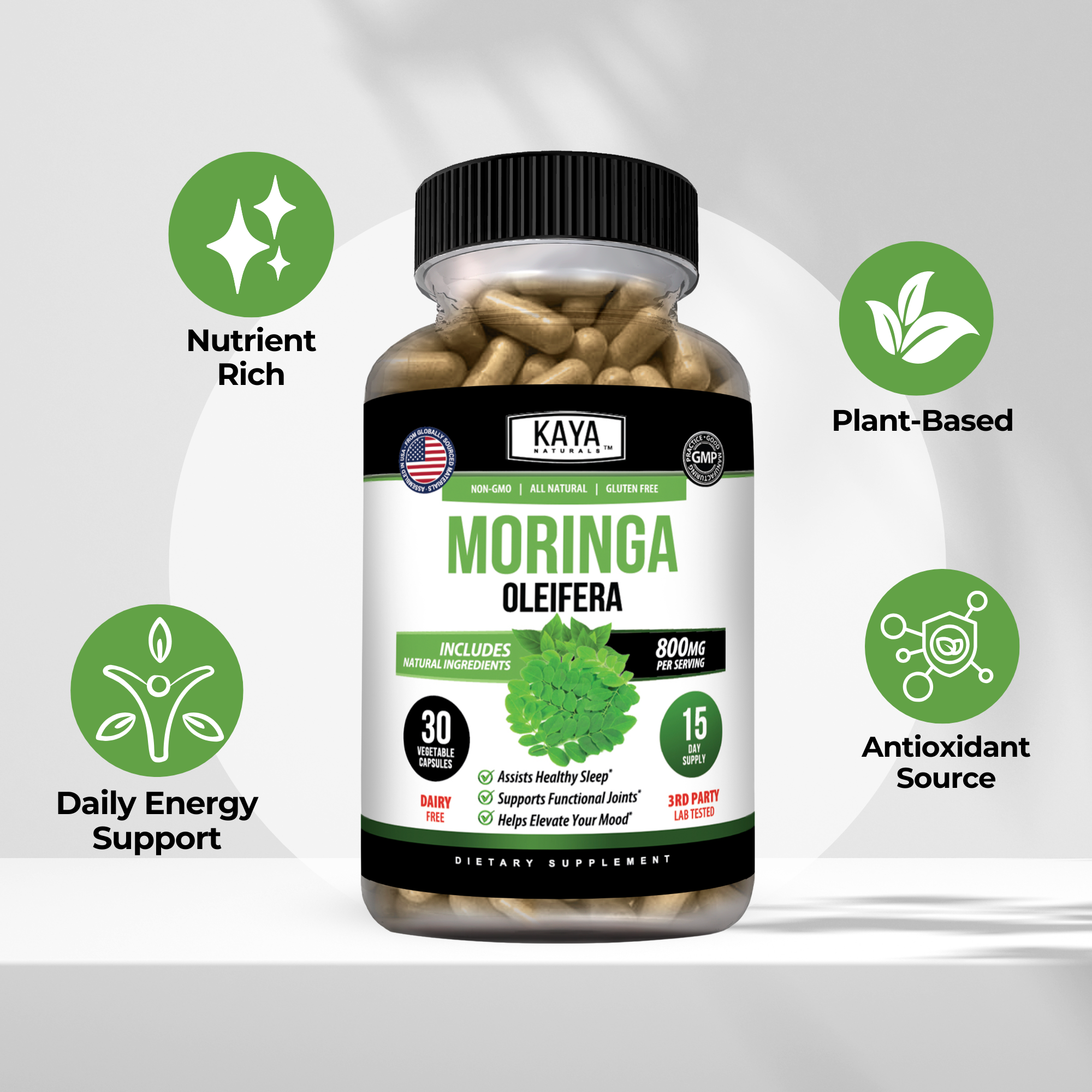 Kaya Naturals Moringa supplement bottle with green Moringa powder in a clear jar, highlighting natural health benefits.