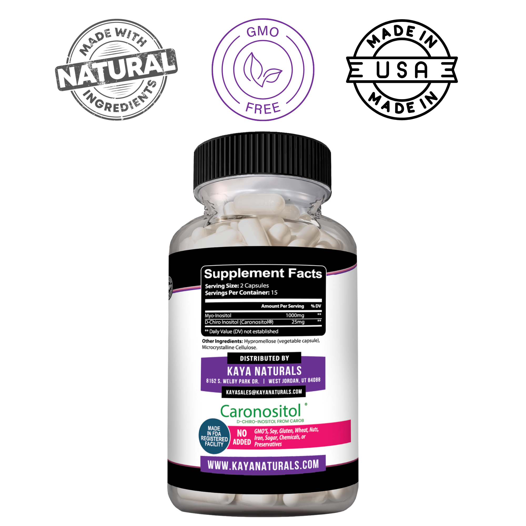Bottle of Kaya Naturals Myo & D-Chiro Inositol Plus supplement for women's hormonal support, with capsules visible in the image.