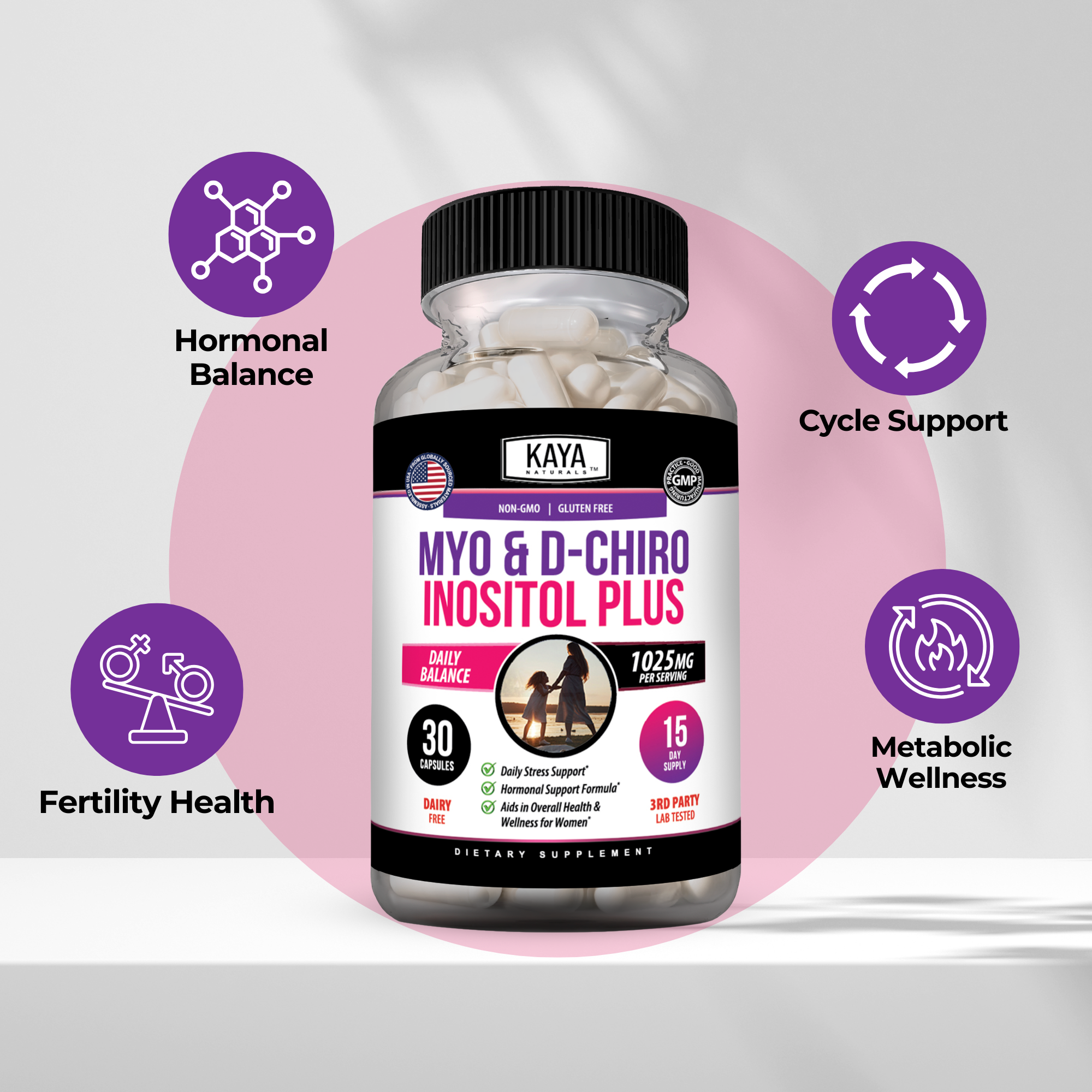 Kaya Naturals Myo & D-Chiro Inositol Plus supplement for women's hormonal support, showing the product bottle and label.
