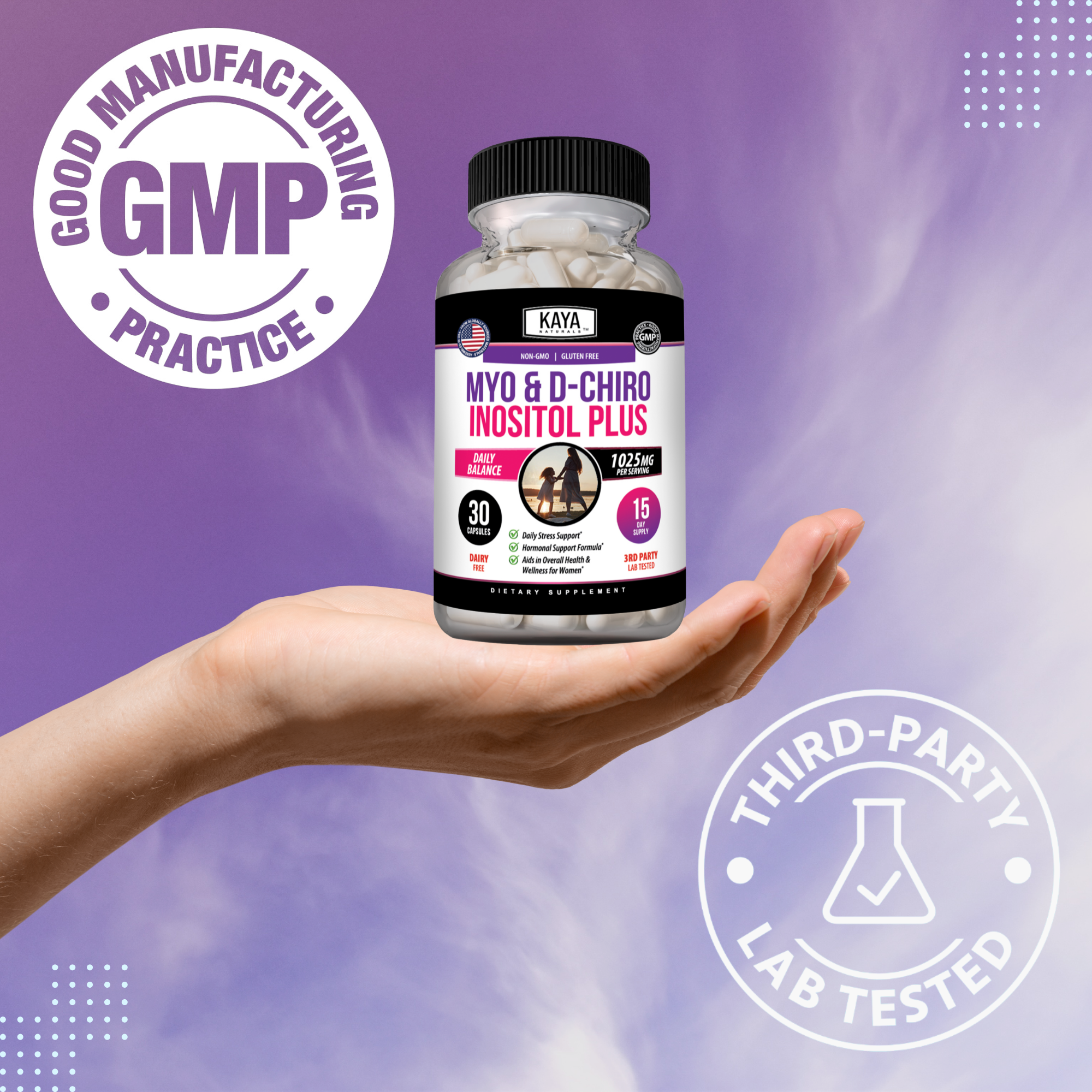 Bottle of Kaya Naturals Myo & D-Chiro Inositol Plus supplement for women's hormonal support, with capsules visible in the image.