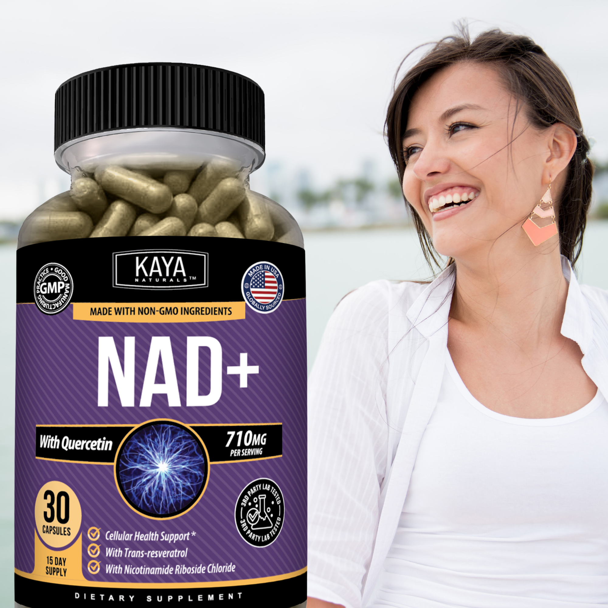 Kaya Naturals NAD+ supplement bottle, featuring a white and green label with the product name and branding.