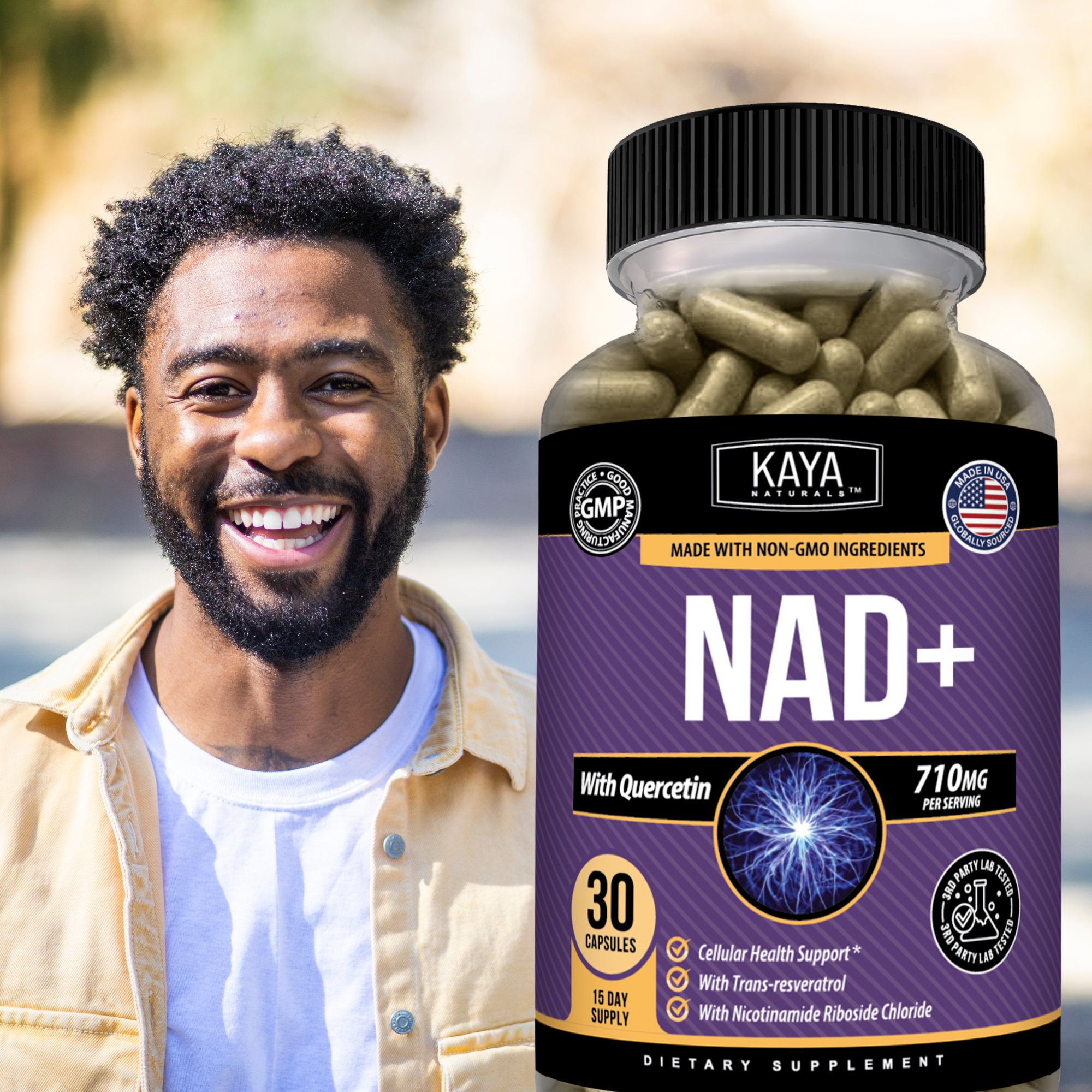 Kaya Naturals NAD+ supplement bottle with label showing 30 capsules, placed on a white background.