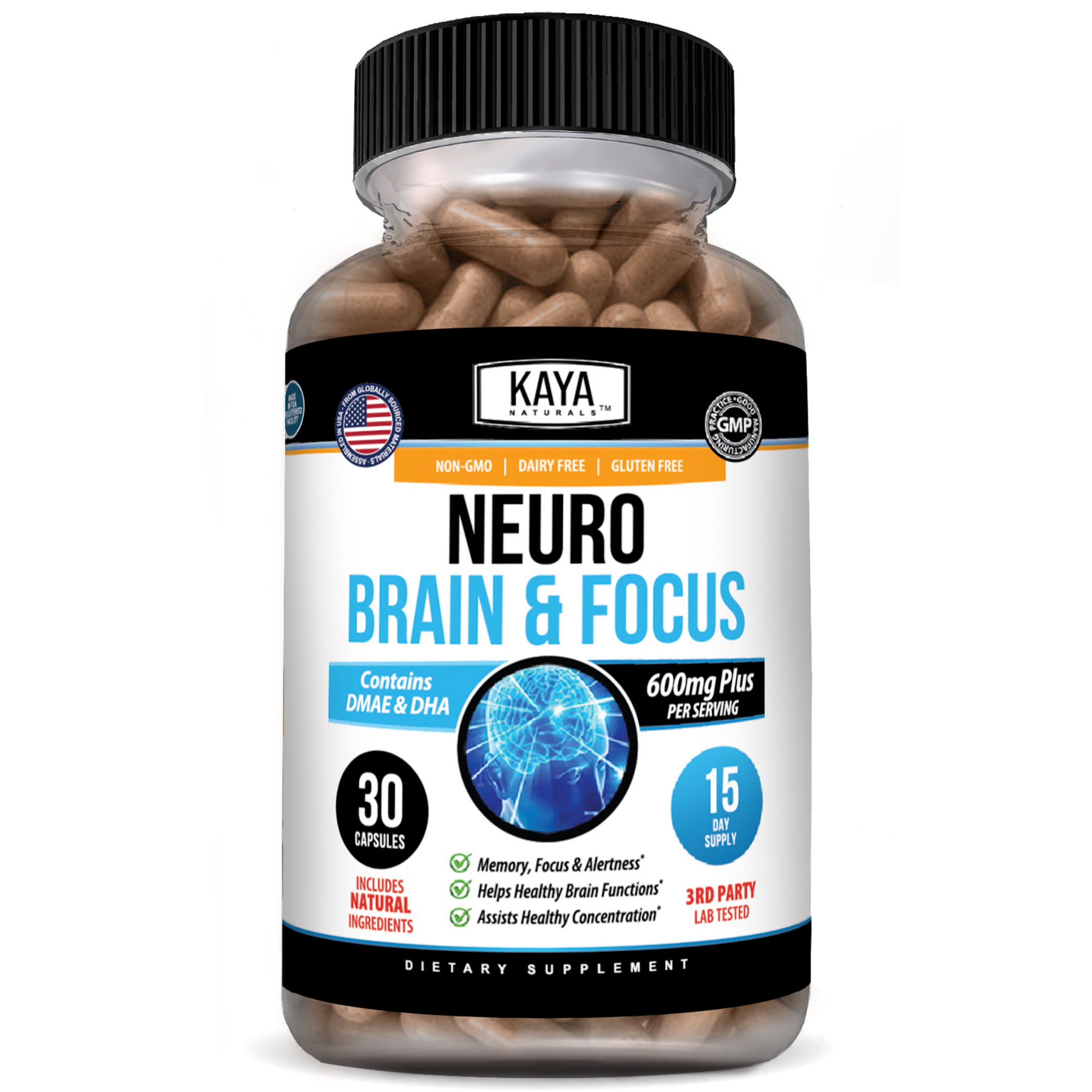 Neuro Brain & Focus supplement bottle by Kaya Naturals with label showing capsules and natural ingredients.