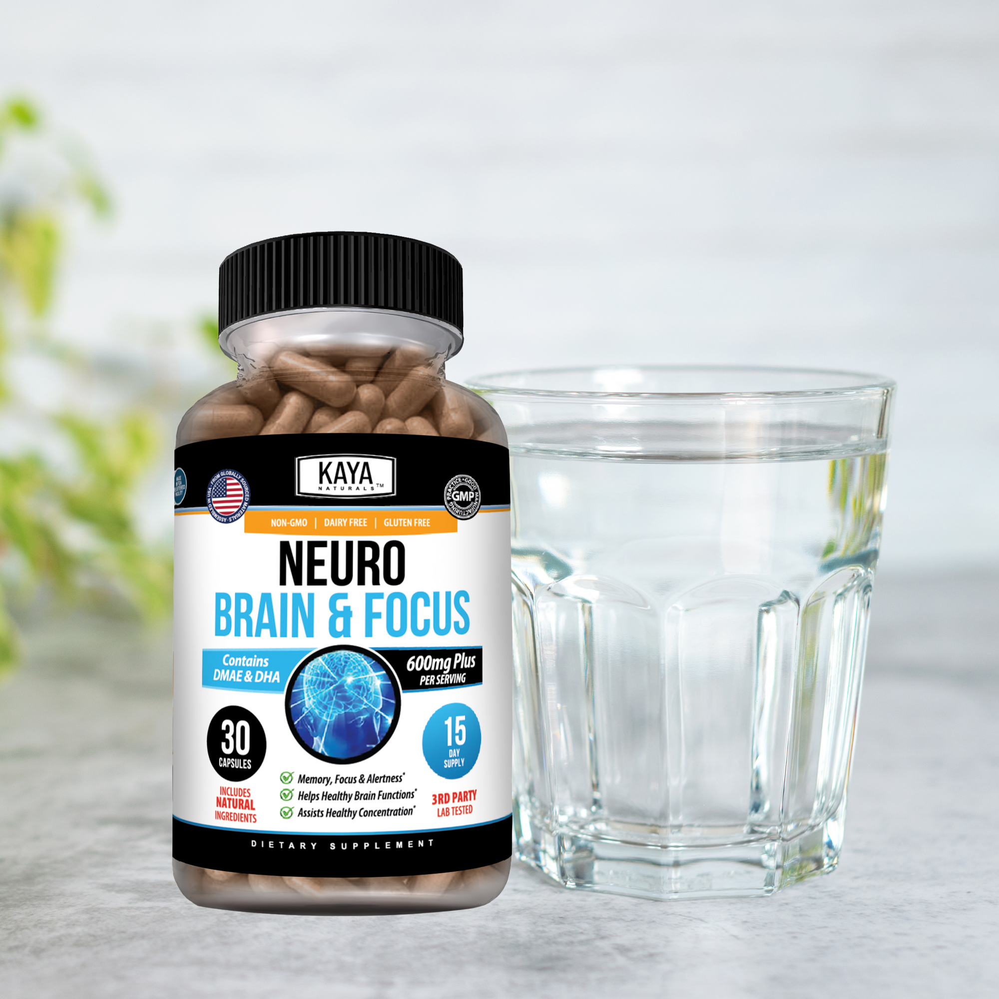 Kaya Naturals Neuro Brain & Focus supplement bottle with label, featuring natural ingredients for mental clarity and focus.