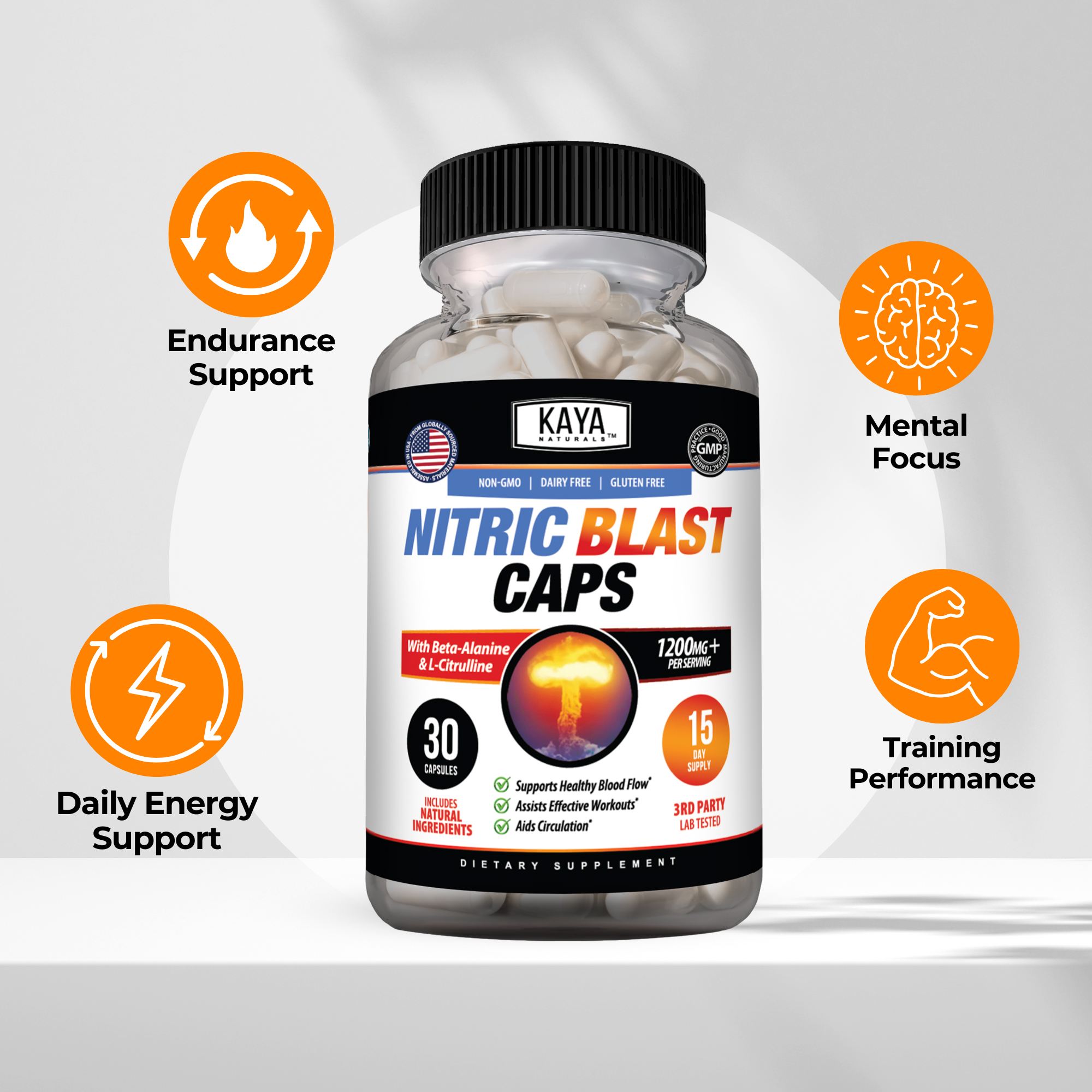 Kaya Naturals Nitric Blast pre-workout capsules in a bottle, designed to boost energy and stamina during exercise.