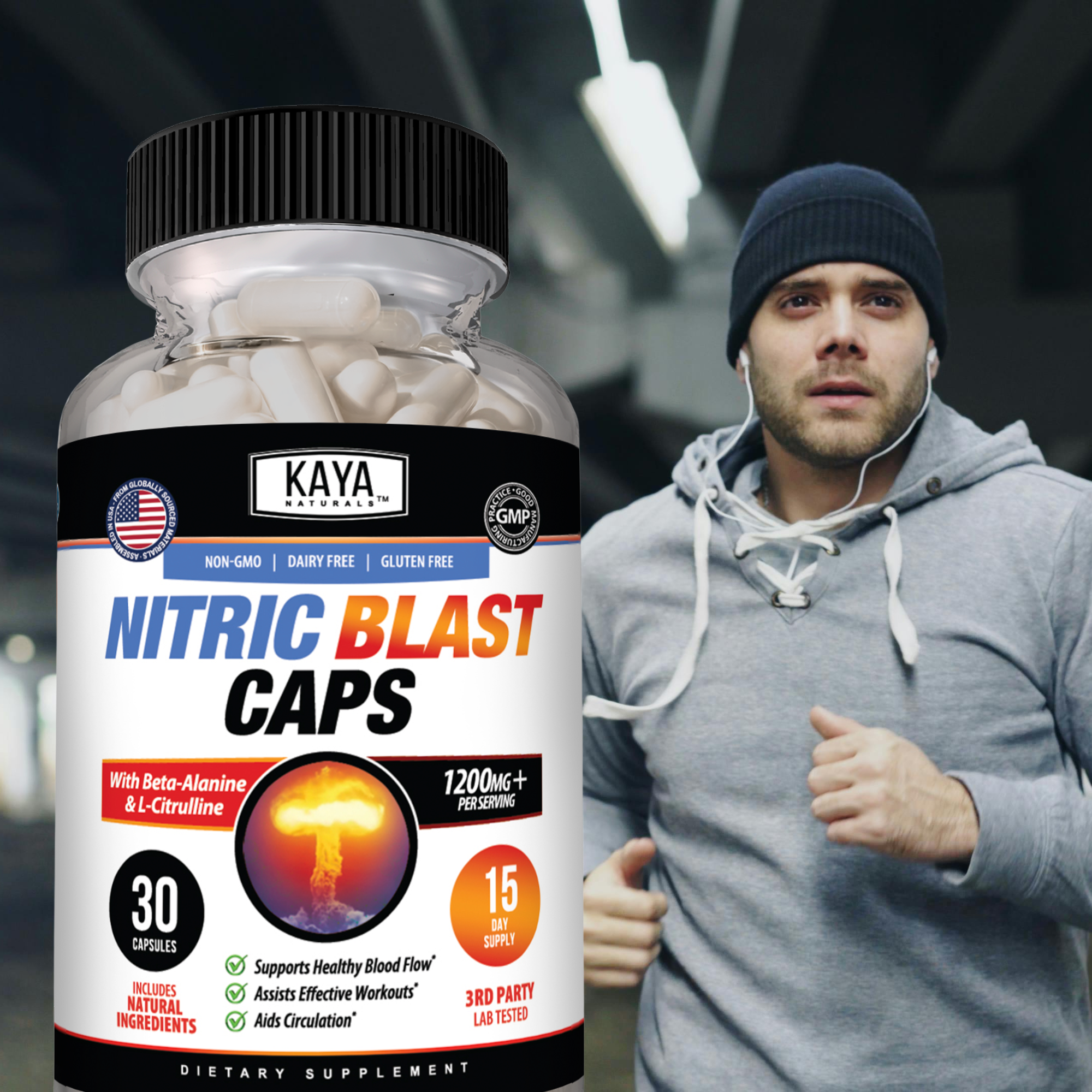 Kaya Naturals Nitric Blast pre-workout capsules in a bottle, designed to boost energy and performance during workouts.
