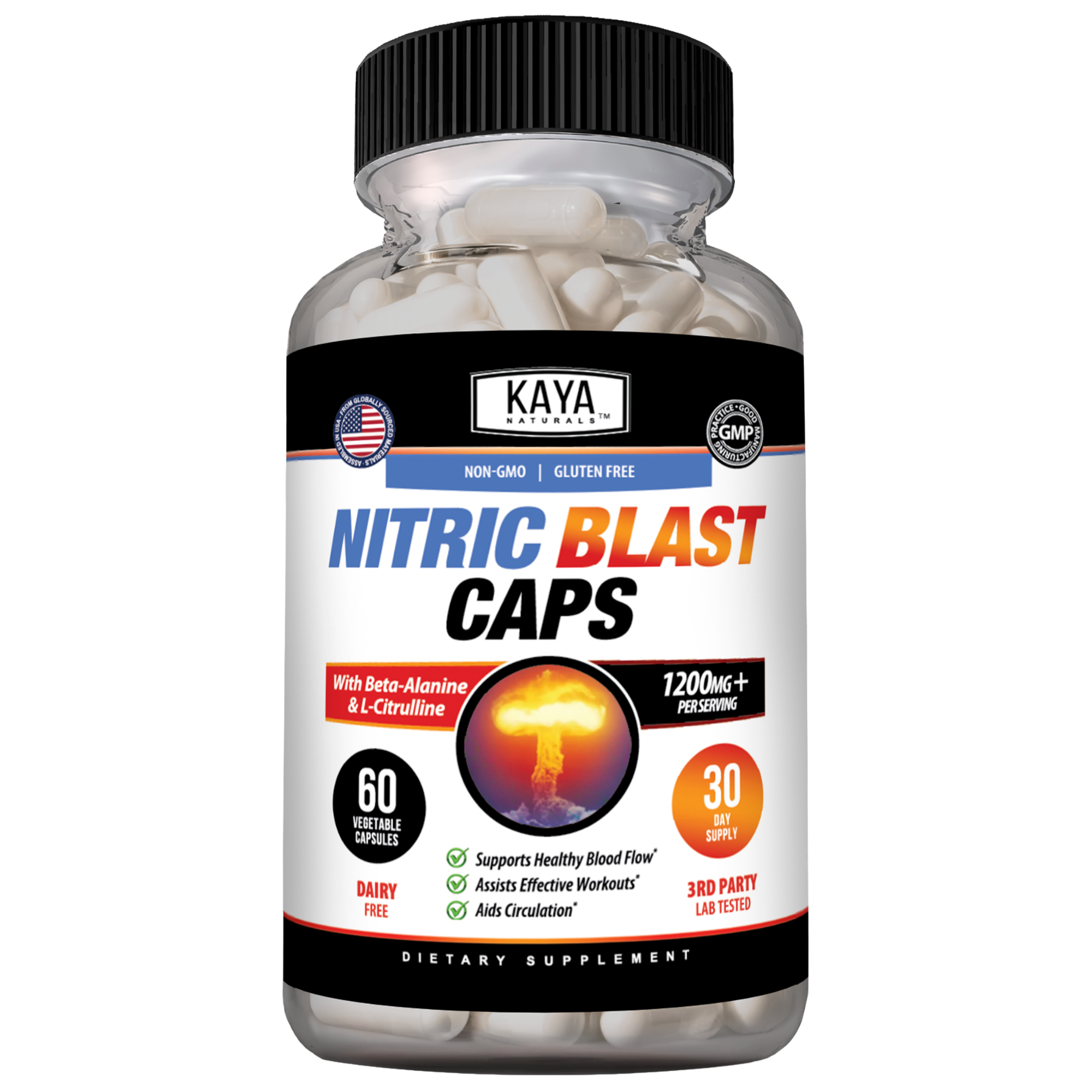 Kaya Naturals Nitric Blast pre-workout capsules in a clear bottle with label, designed for energy and workout performance.