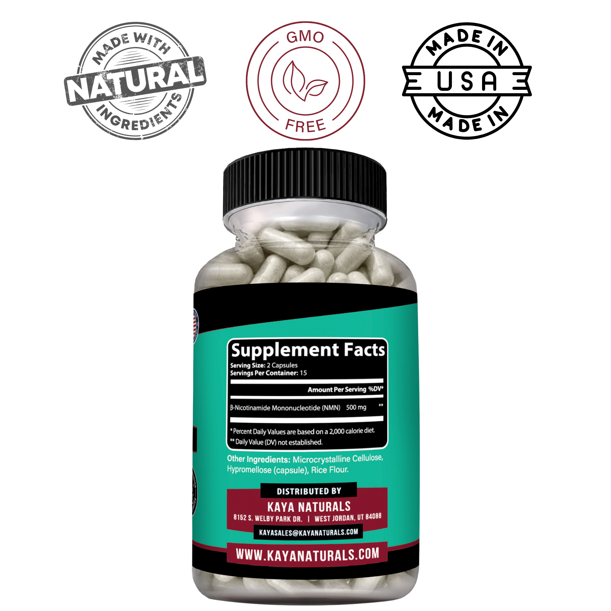 Kaya Naturals NMN supplement bottle with white label and orange cap, showing the product name and branding clearly.