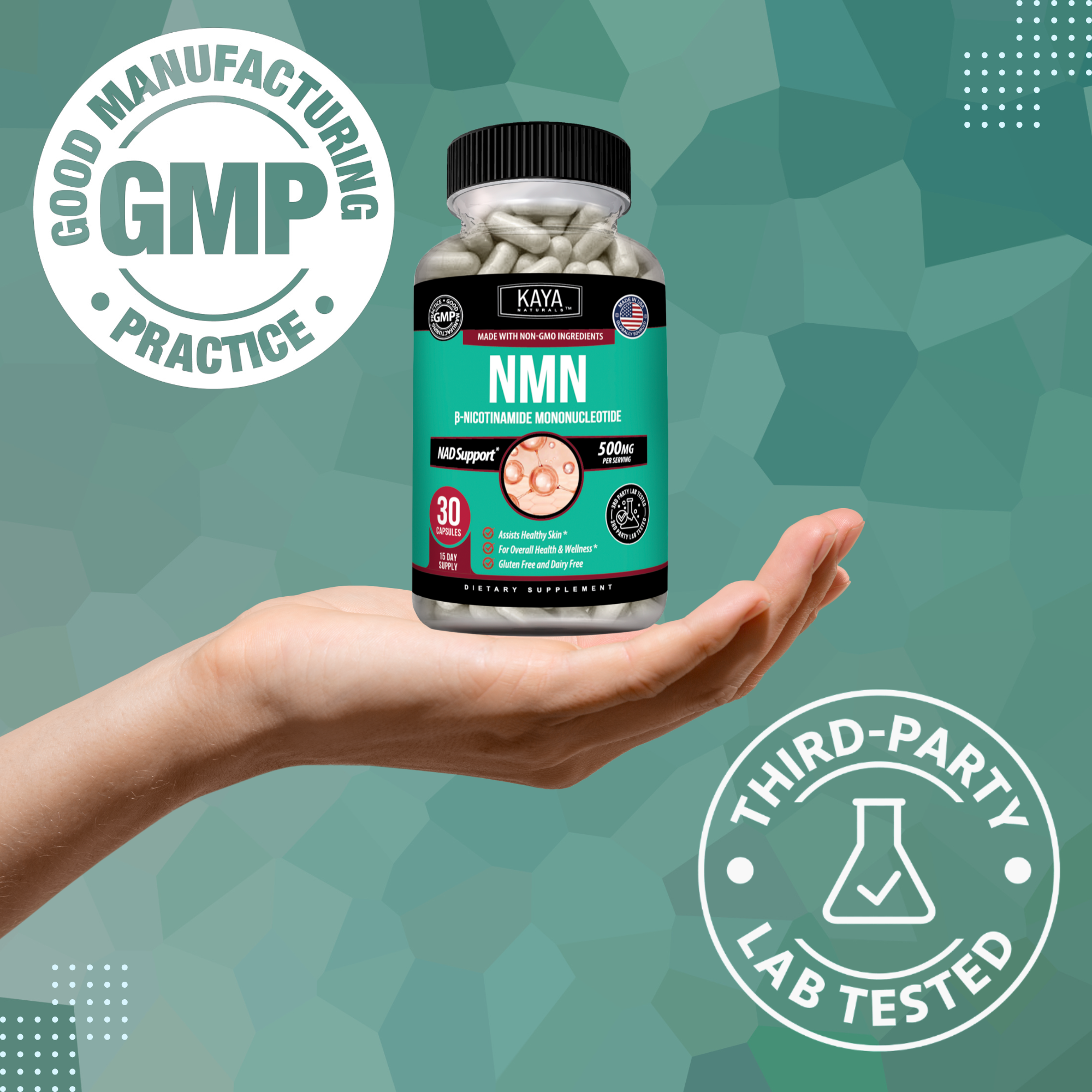 Kaya Naturals NMN supplement bottle with label, featuring white and blue packaging and product details.
