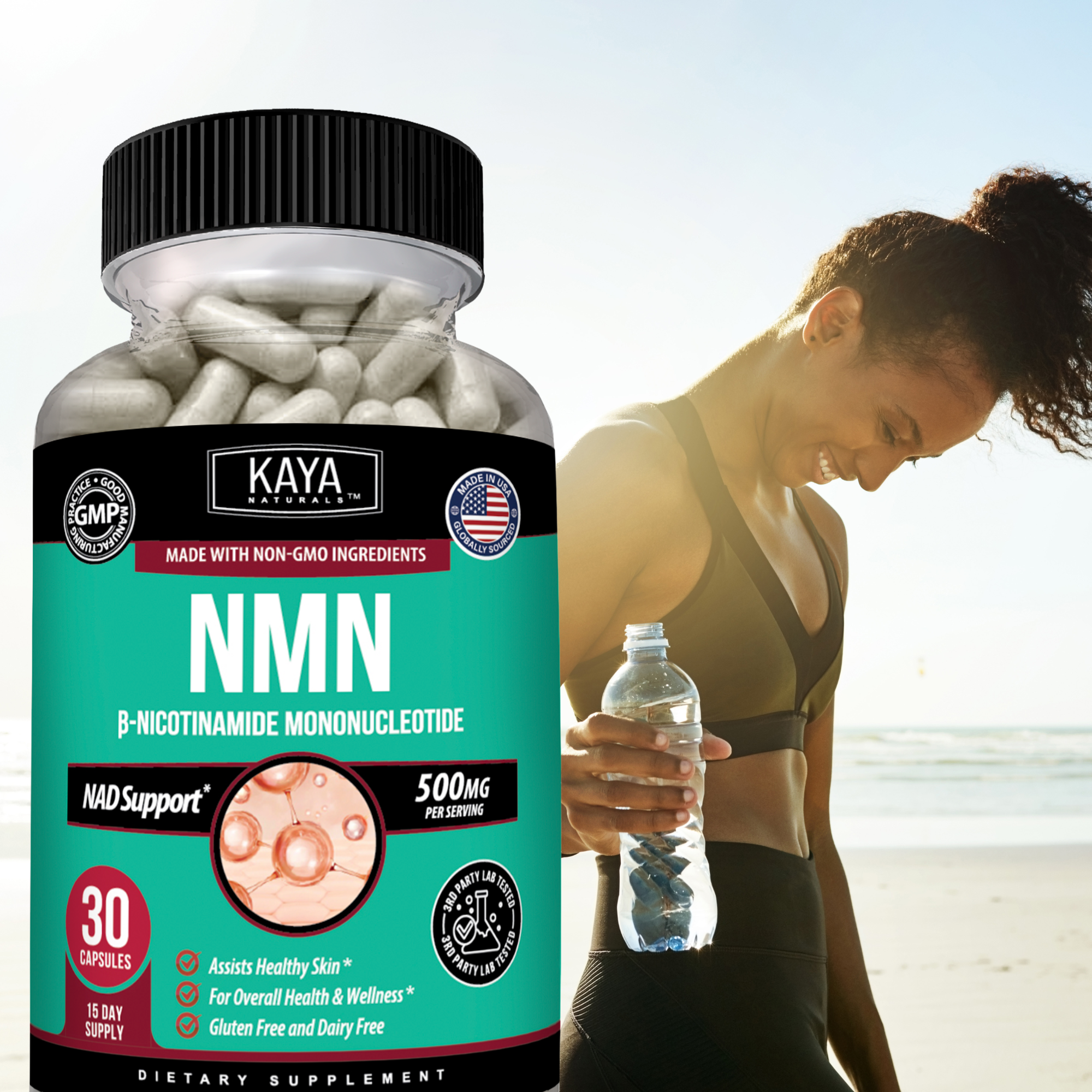 Kaya Naturals NMN supplement bottle with label, showing 30 capsules for supporting healthy aging and cellular energy.