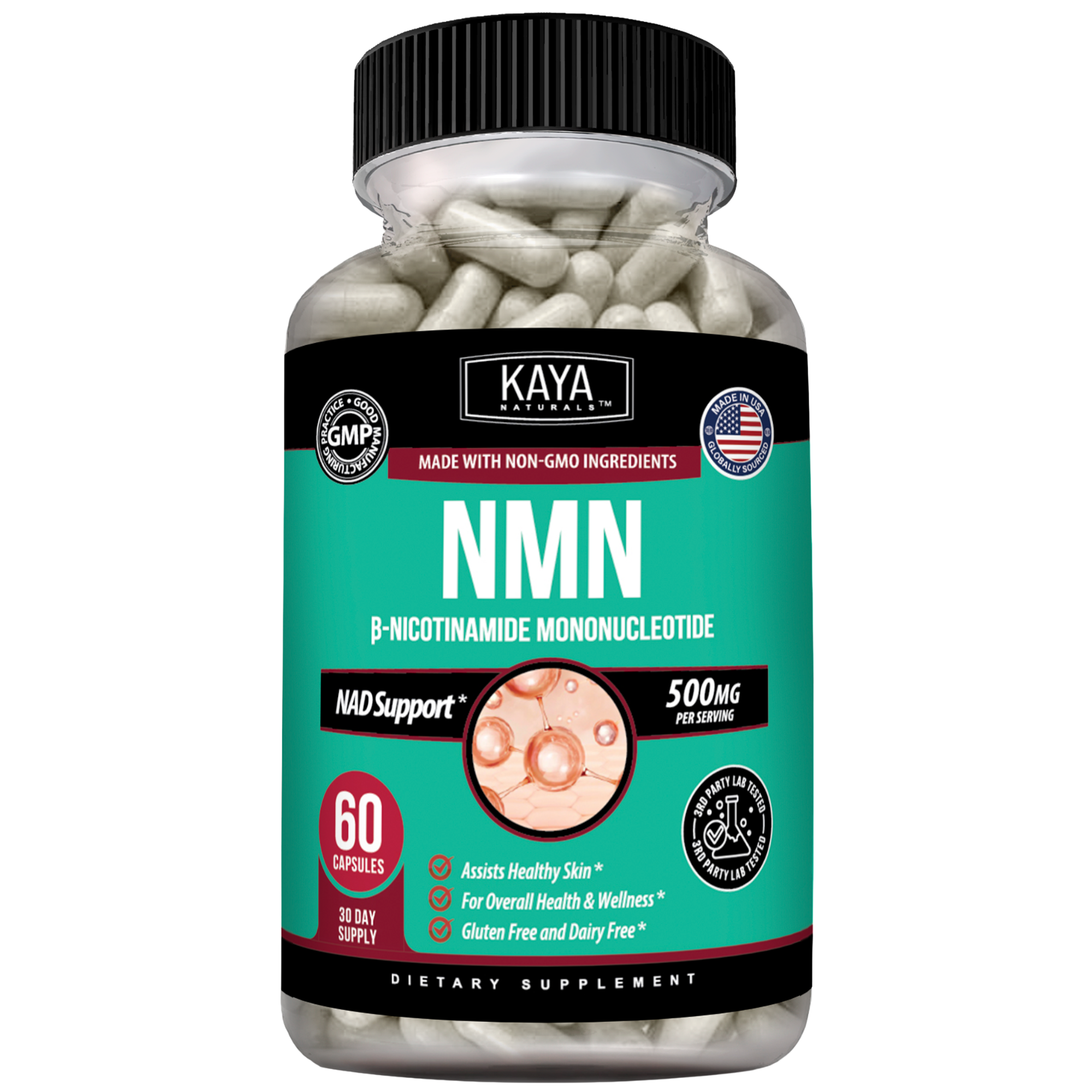 Kaya Naturals NMN supplement bottle with label showing 30 servings, white and blue packaging, and branding.