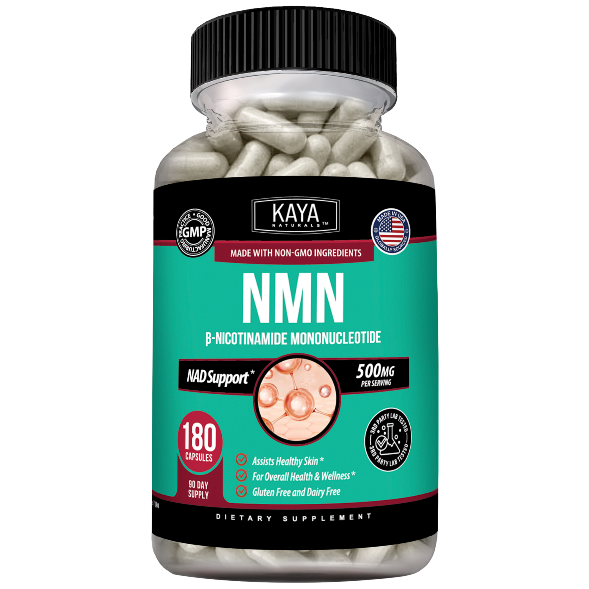 Kaya Naturals 30mg NMN supplement bottle with label showing product name and branding, placed on a white background.