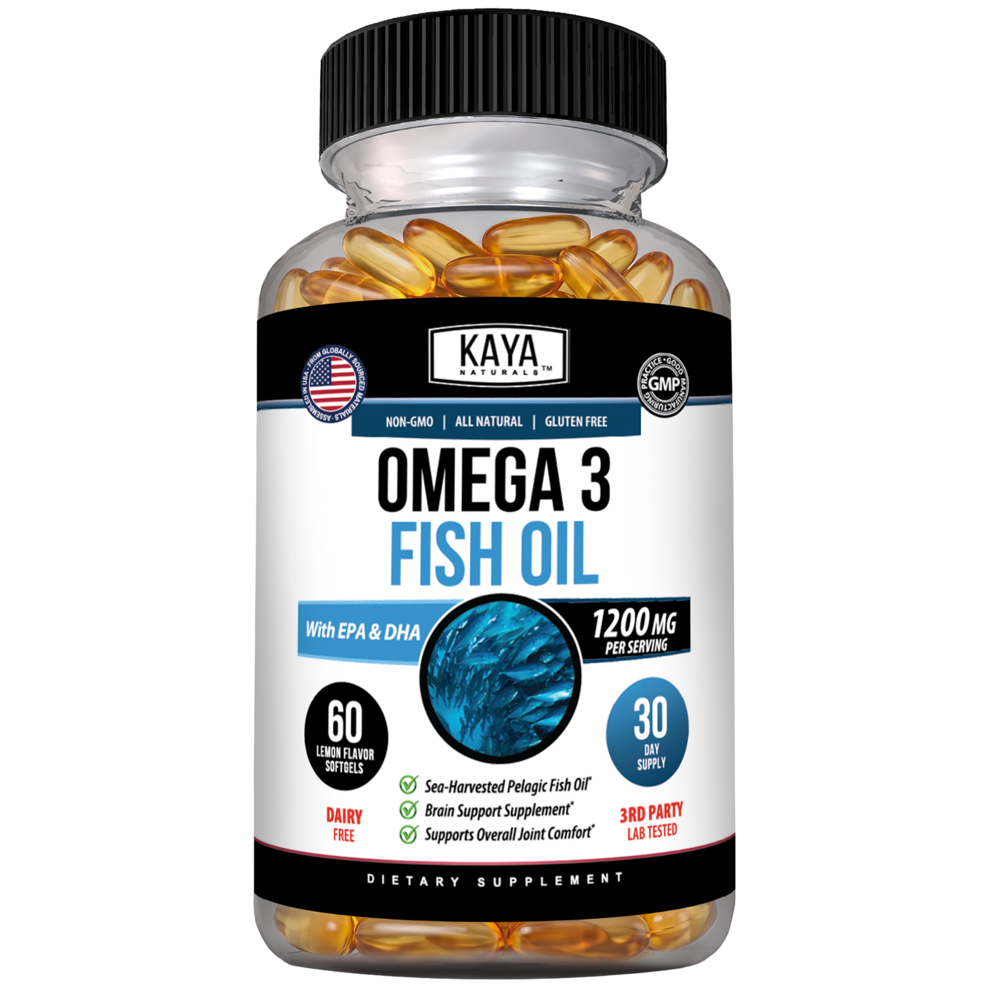 Kaya Naturals Omega-3 Fish Oil capsule bottle with fish oil supplements for heart and brain health.