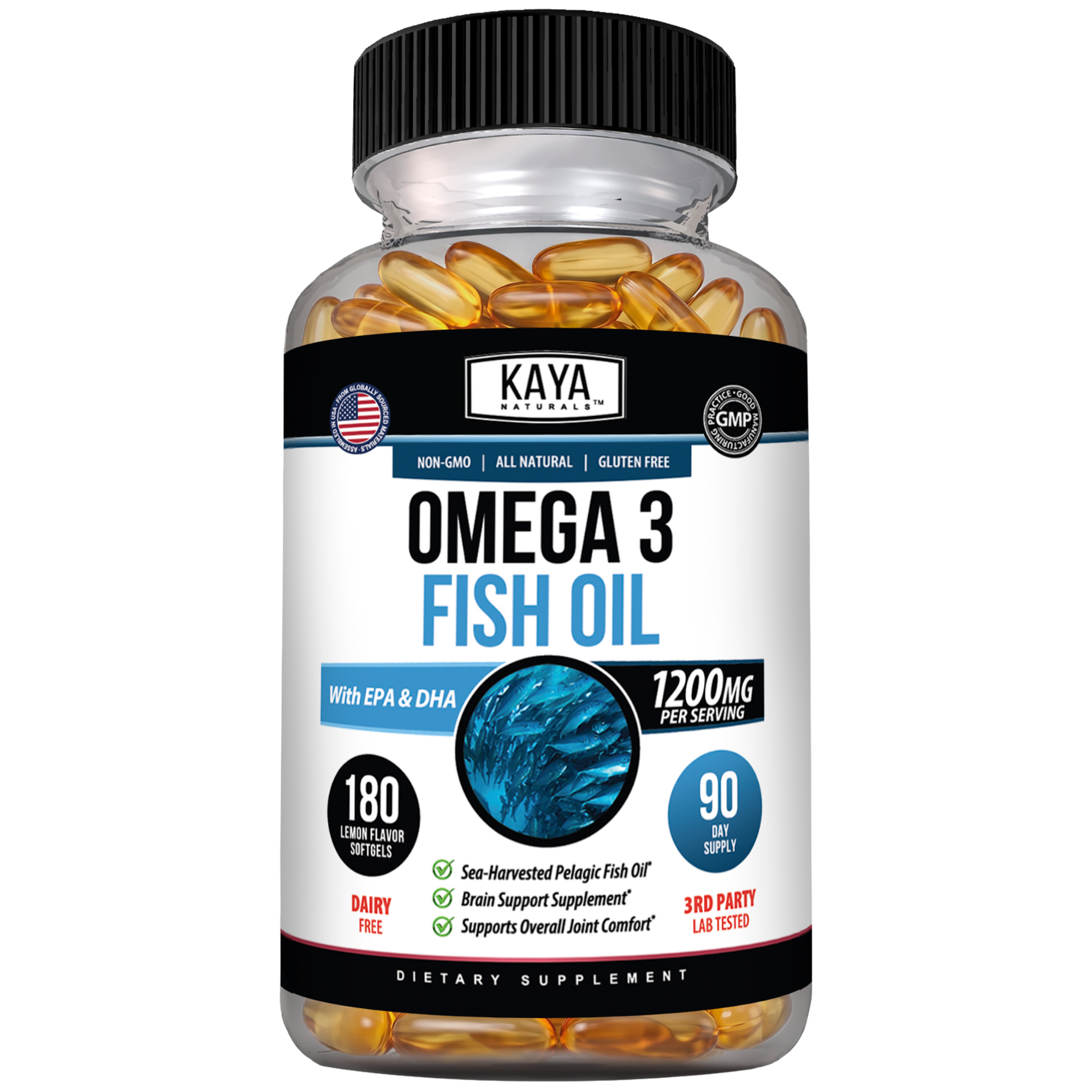 Kaya Naturals Omega-3 Fish Oil capsules in a bottle, supplement for heart and brain health.