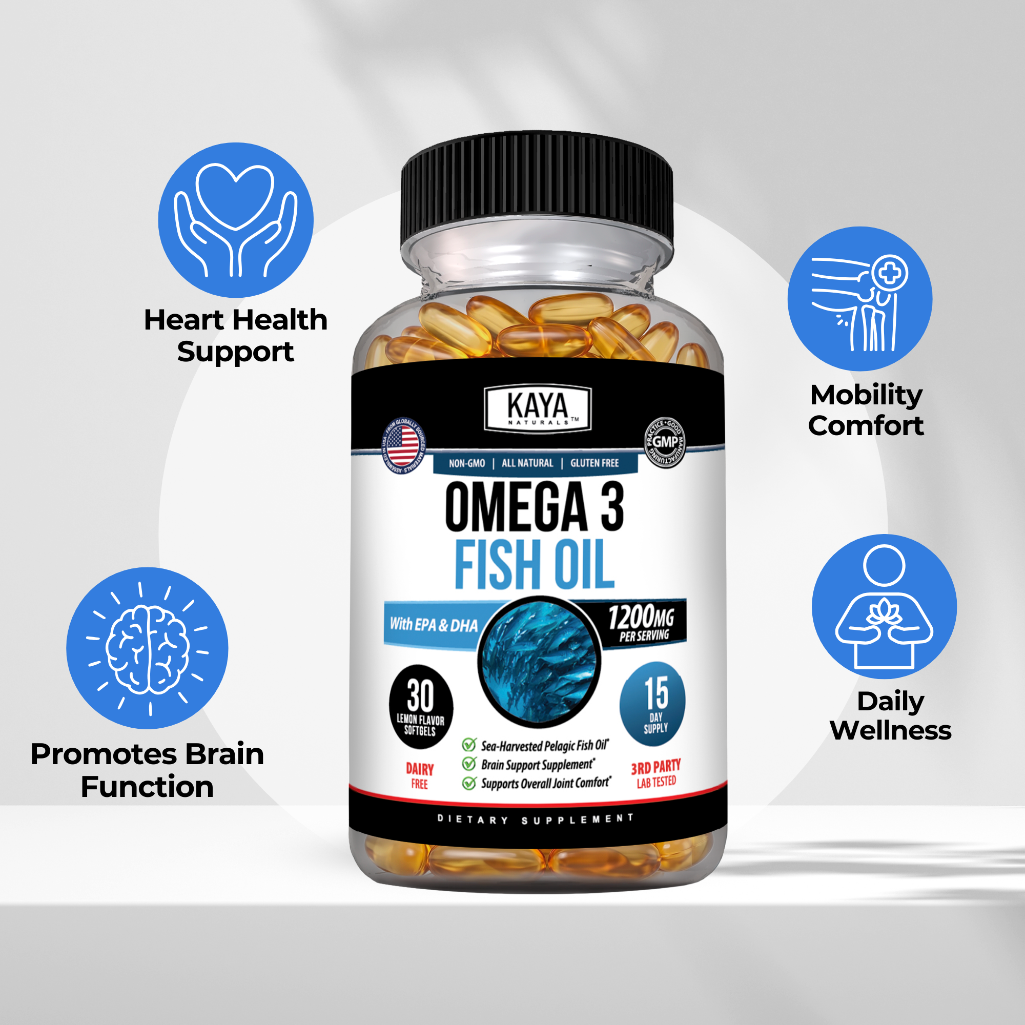 Kaya Naturals Omega-3 Fish Oil capsules in a bottle, supplement for heart and brain health.