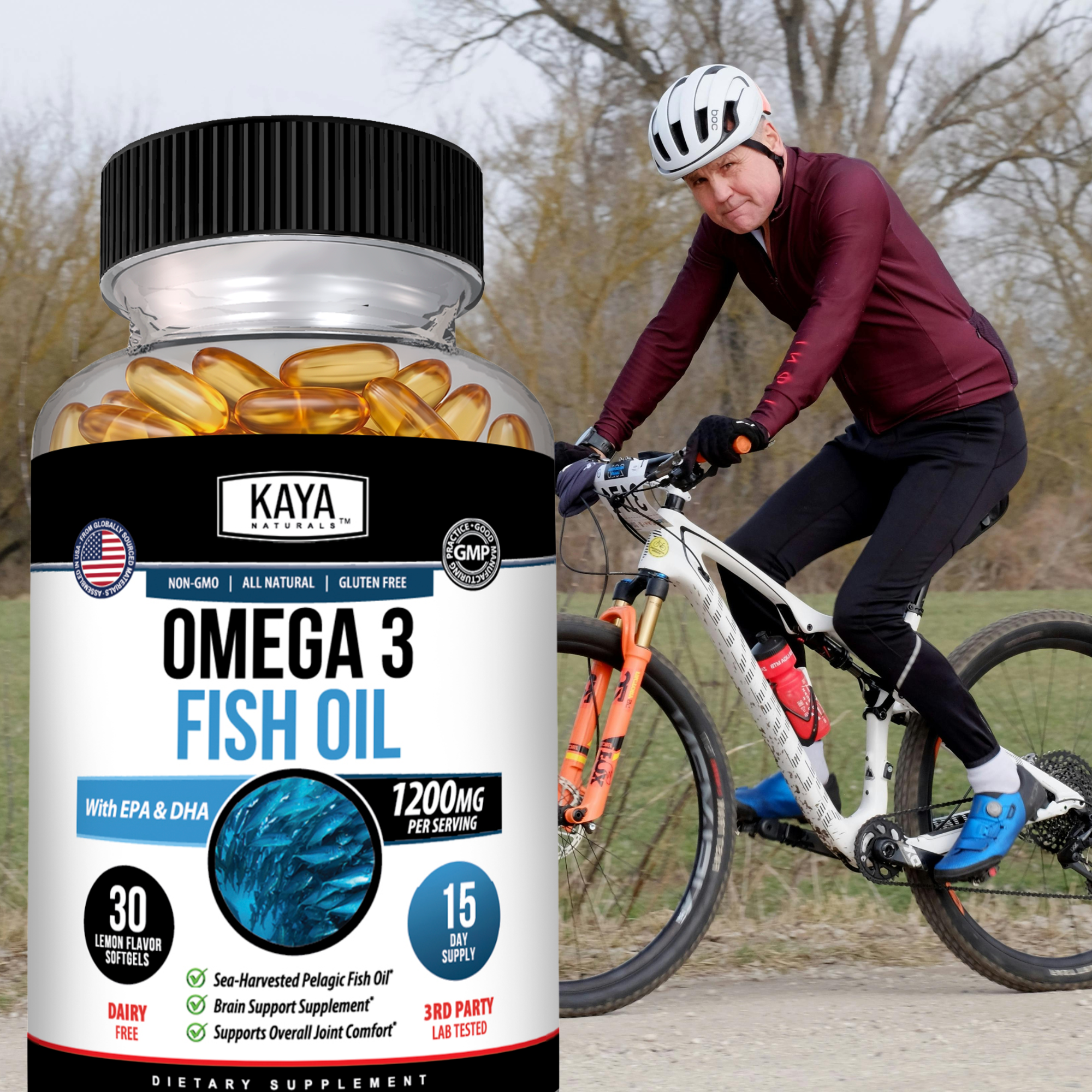 Kaya Naturals Omega-3 Fish Oil softgel capsules for heart and brain health on a white background
