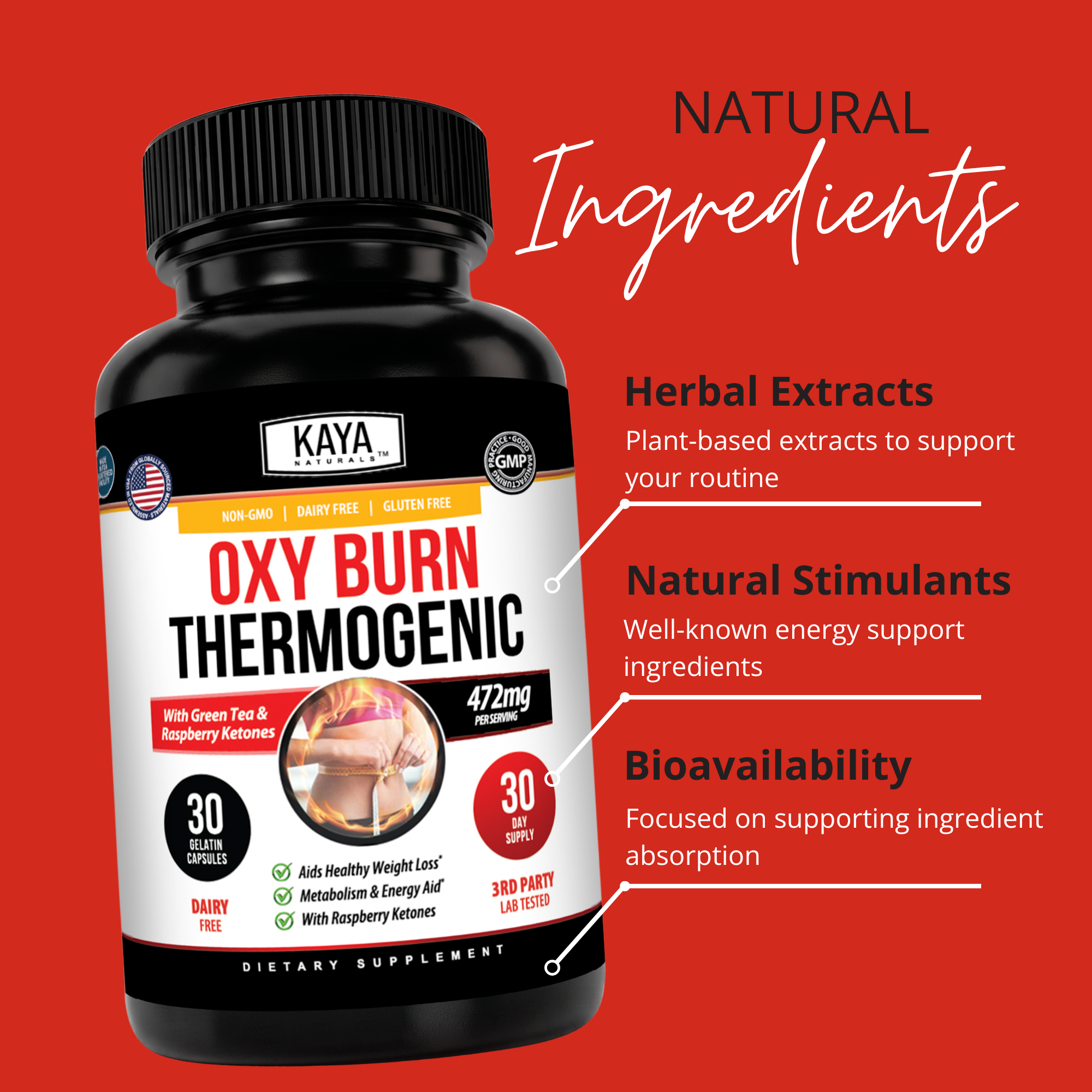 Kaya Naturals Oxy Burn Thermogenic supplement bottle with label and capsules on a white background.