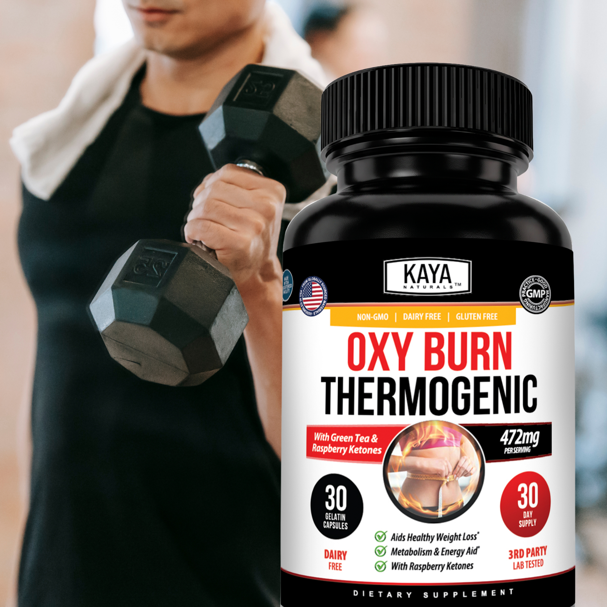 Kaya Naturals Oxy Burn Thermogenic supplement bottle with label, featuring sleek packaging and branding.