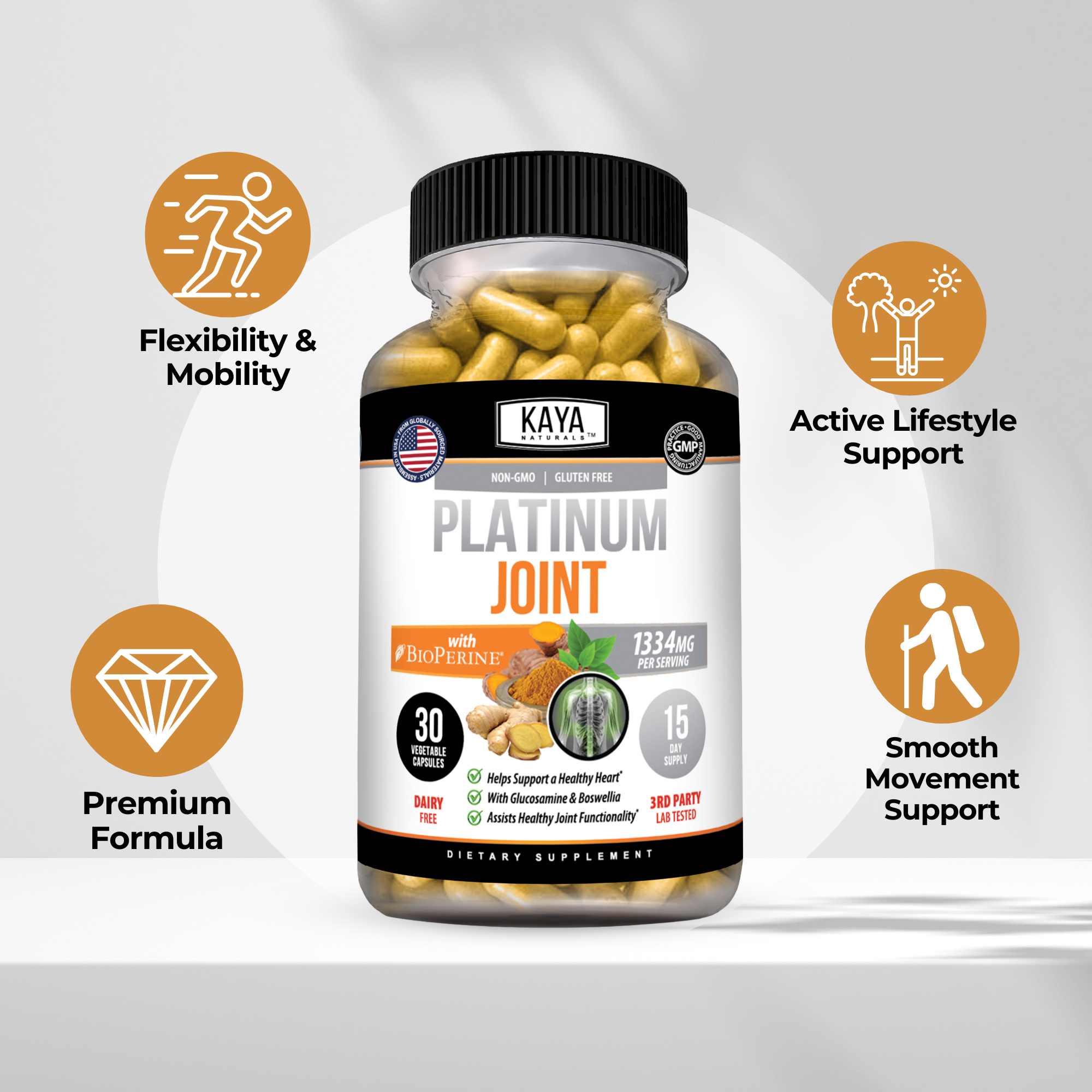 Kaya Naturals Platinum Joint supplement capsule in a clear container with a white background