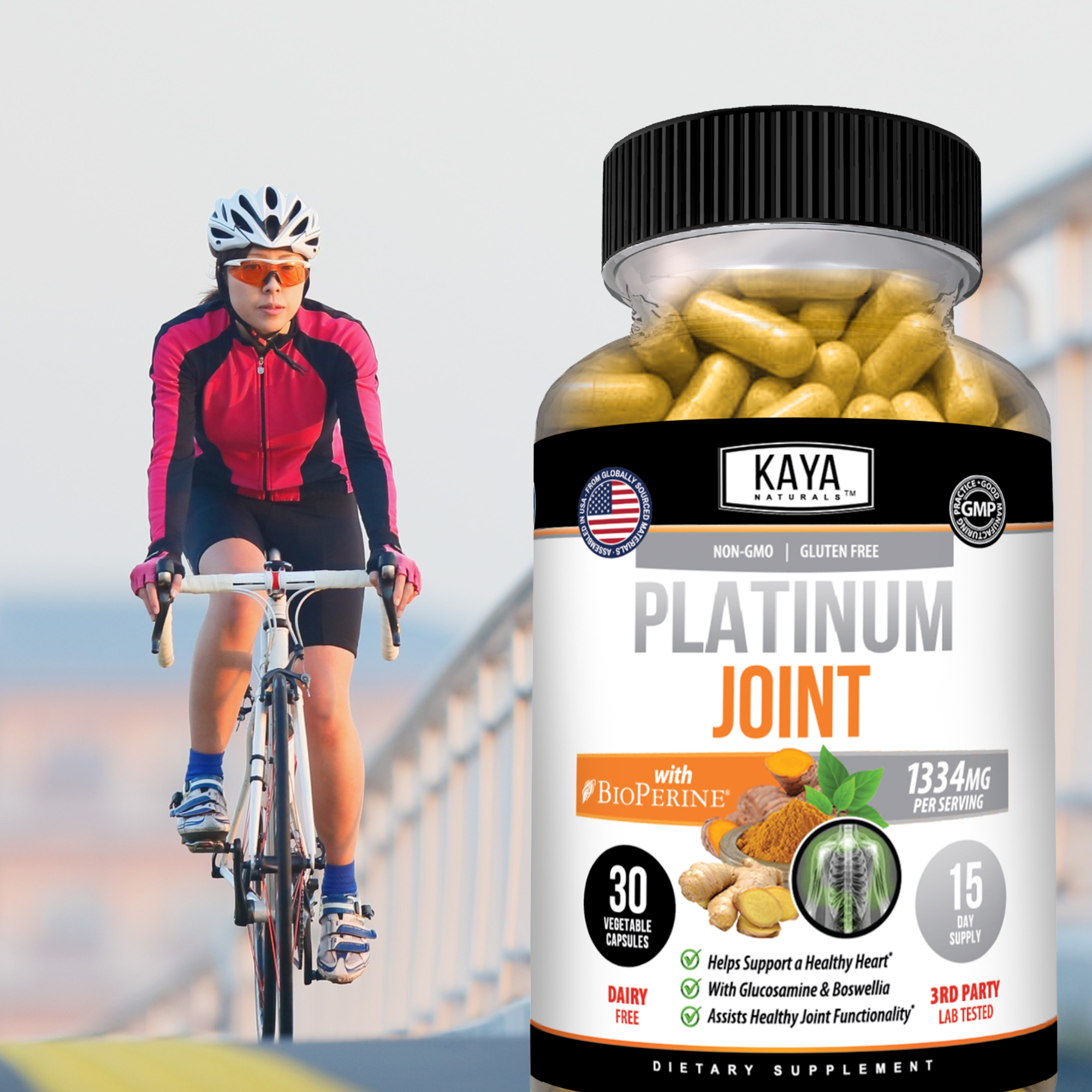 Kaya Naturals Platinum Joint supplement bottle with label showing product details and branding on a white background.