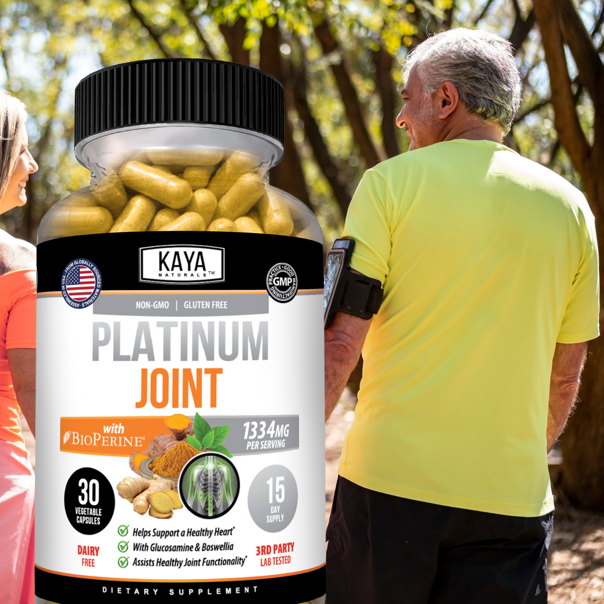 Kaya Naturals Platinum Joint supplement bottle with label, featuring a white and silver design and product information on the label.