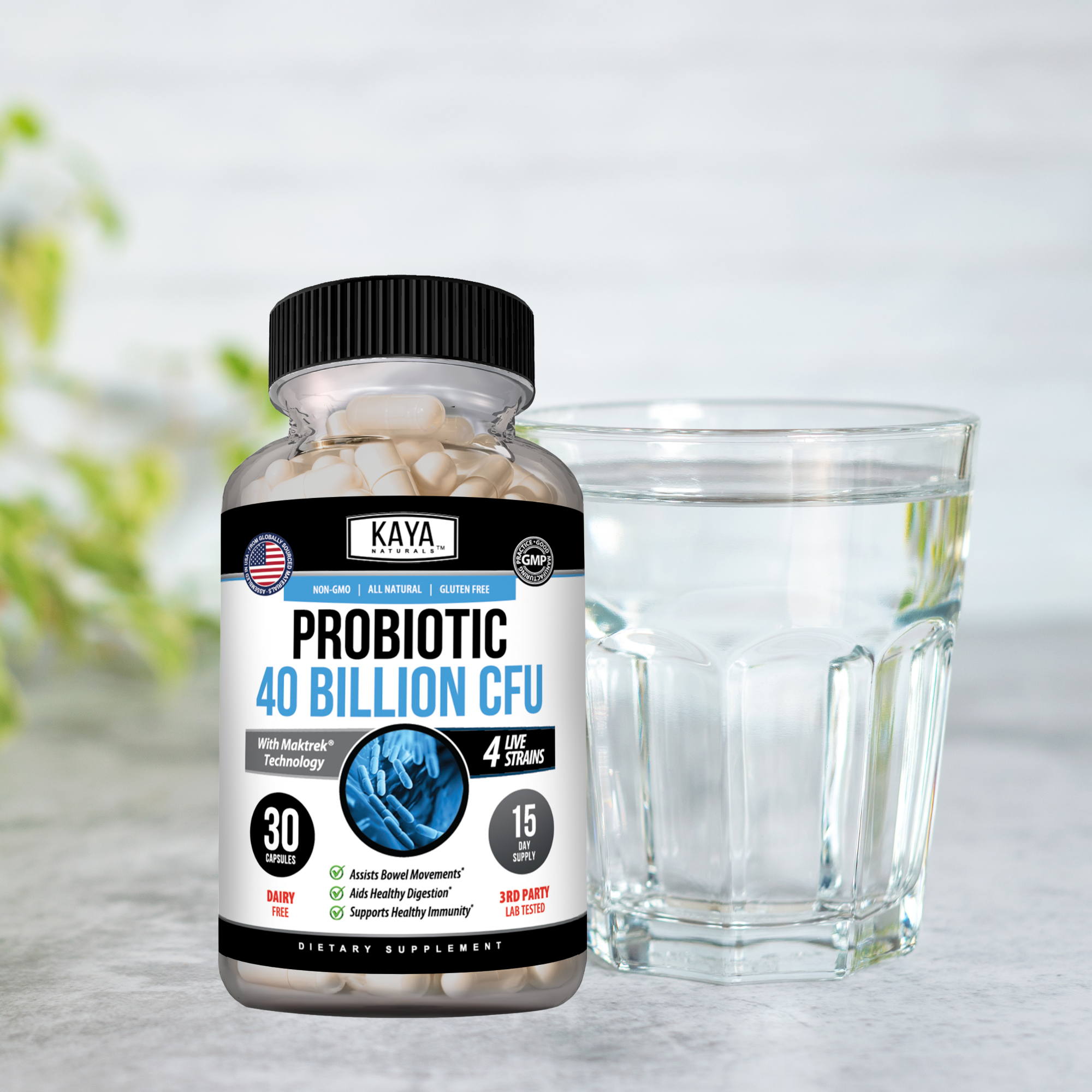 Kaya Naturals Probiotic Formula with 40 Billion CFU, showing capsules and packaging for digestive health support