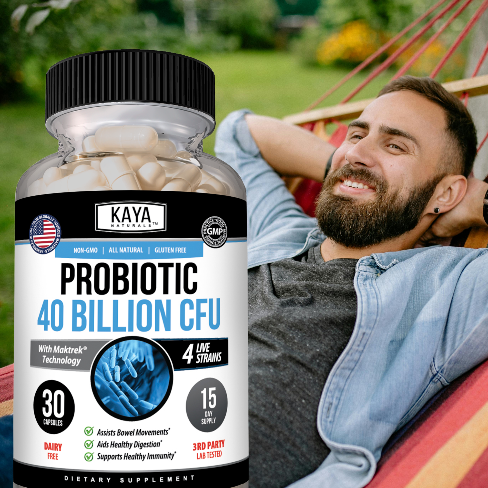 Kaya Naturals Probiotic Formula with 40 Billion CFU, showing capsules in a bottle for digestive health support.